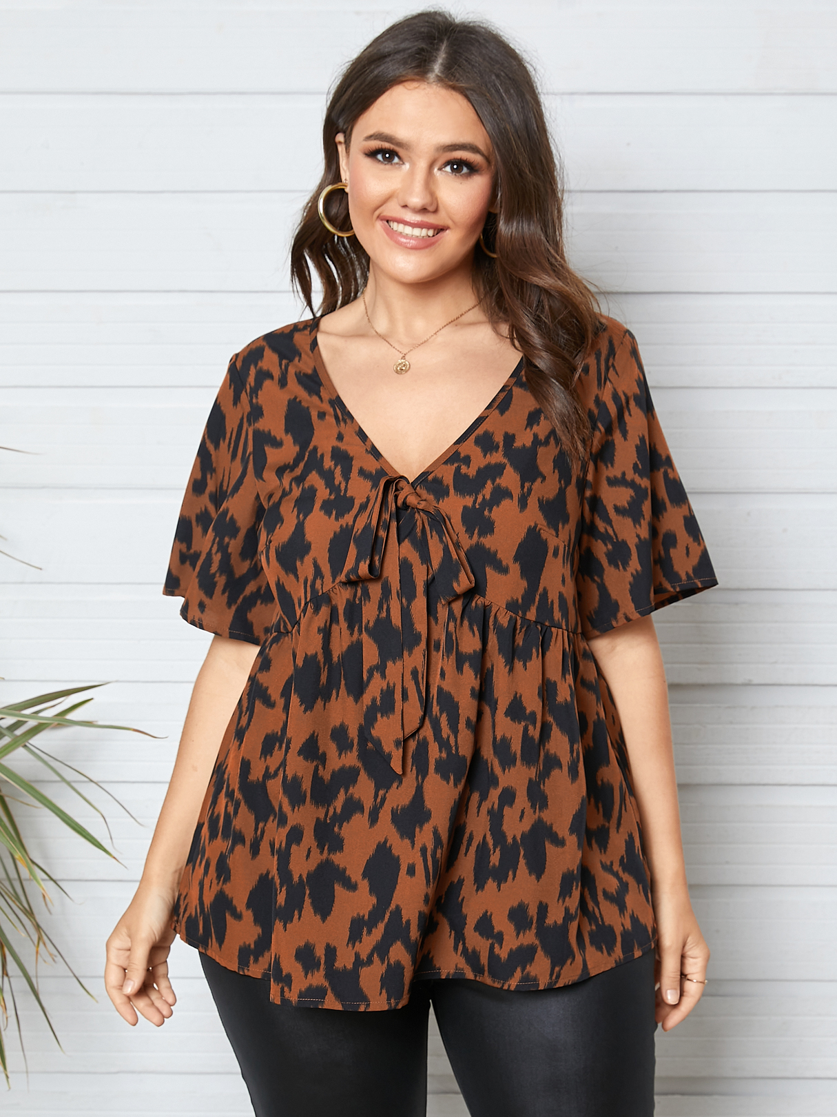 YOINS Plus Größe Leopard Tie-up Design Kurzarm Bluse günstig online kaufen