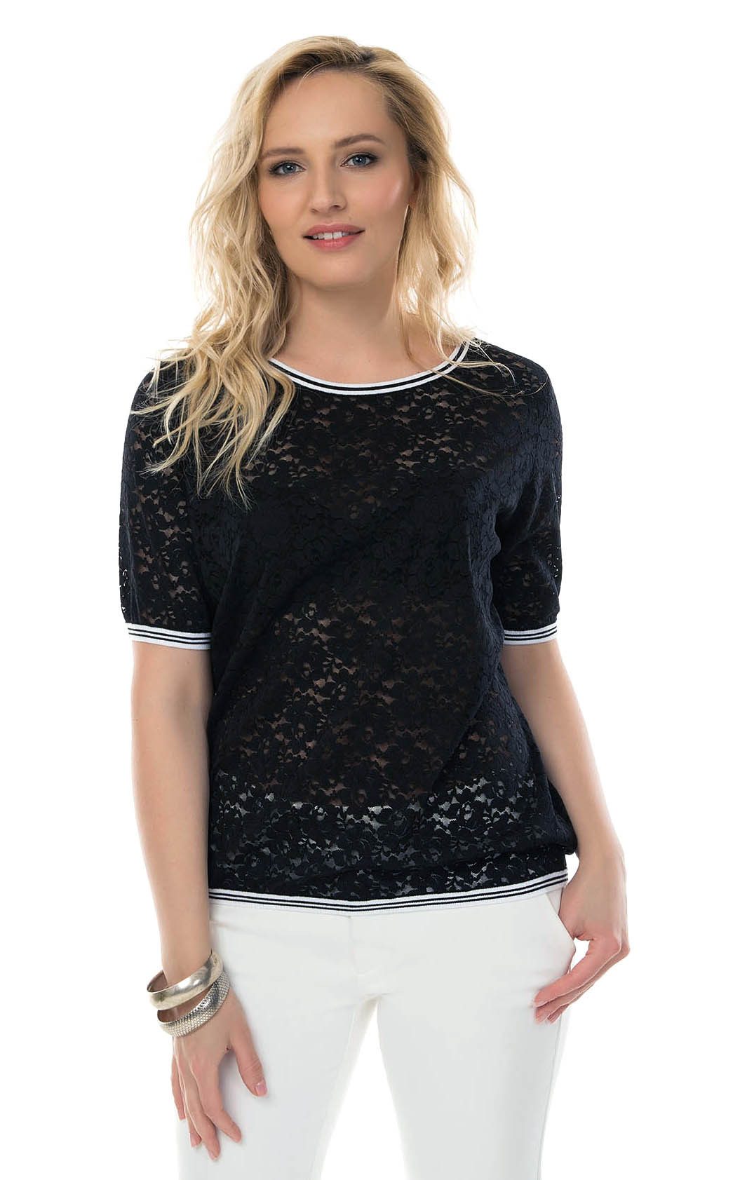 Passioni T-Shirt aus Spitze mit Kontrastbund günstig online kaufen