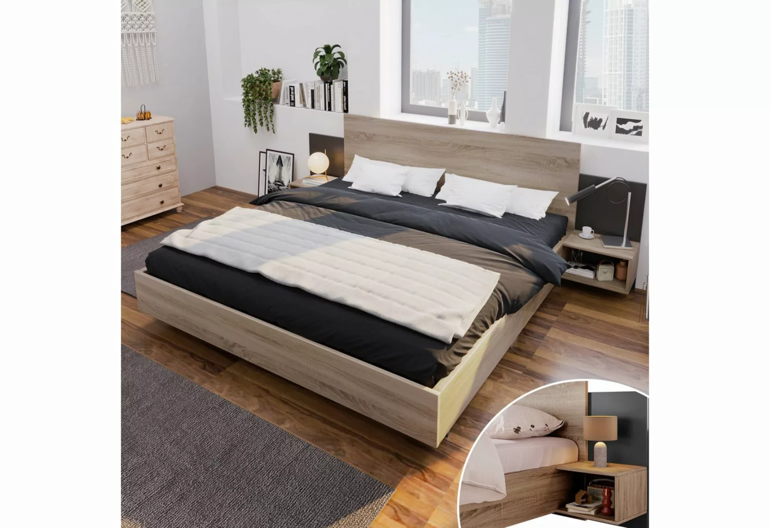 Rutaqian Daybett Doppelbett Holzbett Bettanlage 160 x 200 cm mit 2 Nachtkom günstig online kaufen