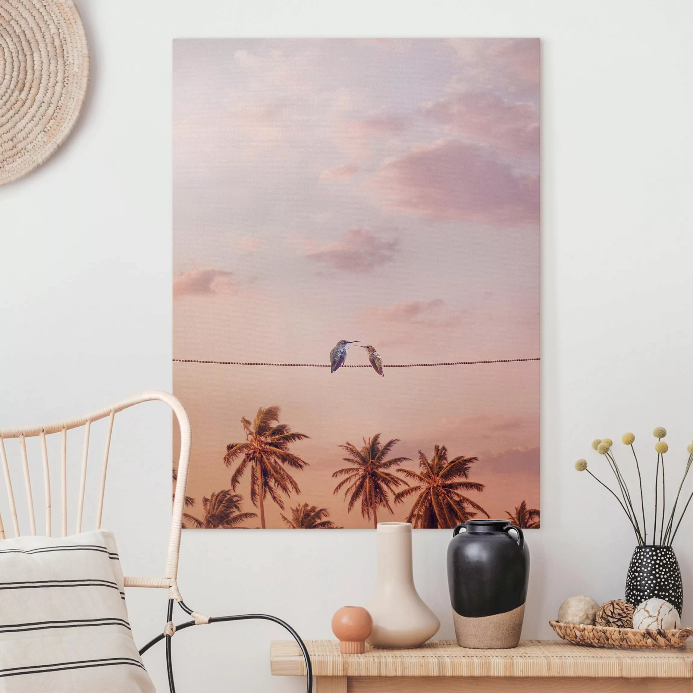 Leinwandbild Tiere - Hochformat Sonnenuntergang mit Kolibris günstig online kaufen