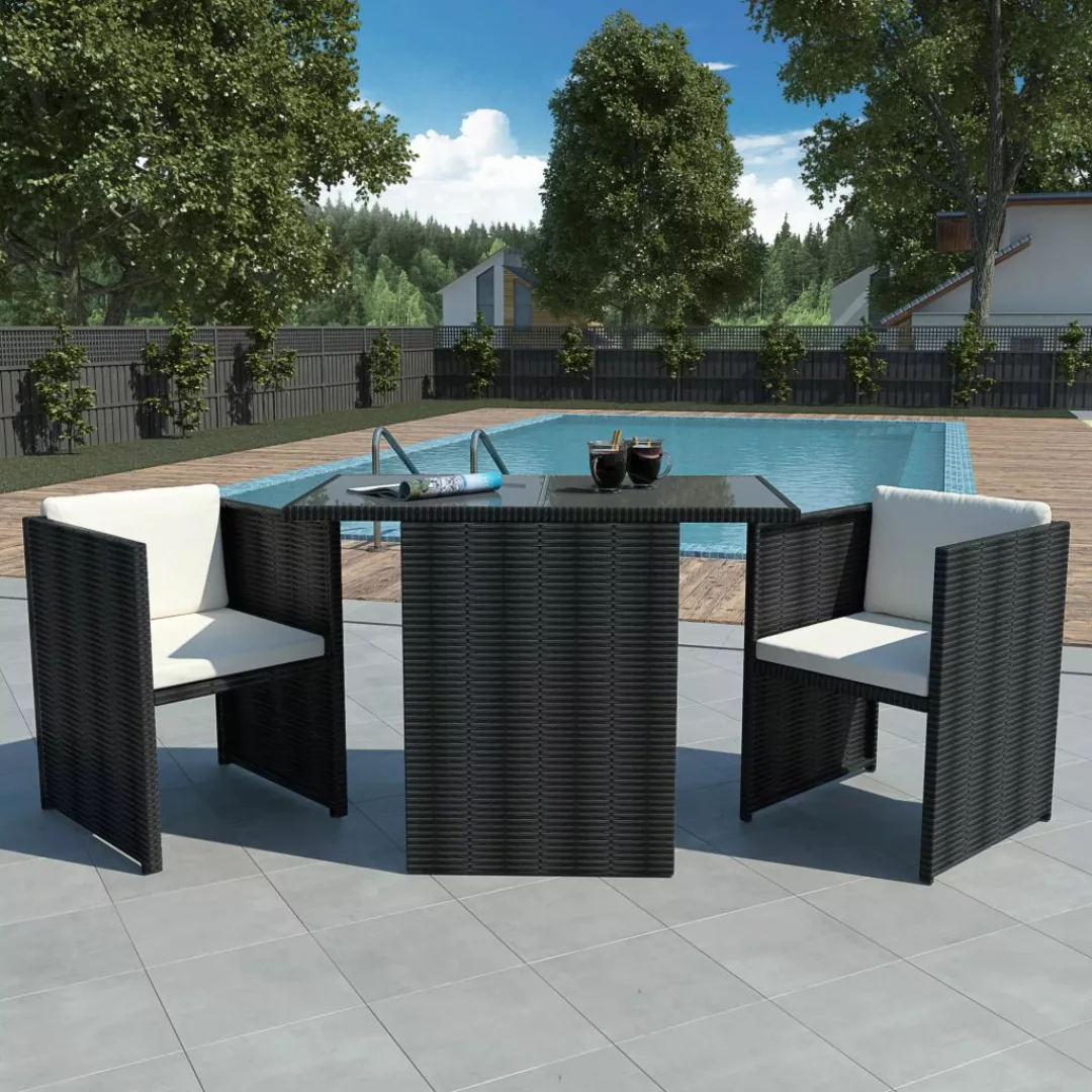 3-tlg. Bistro-set Mit Auflagen Poly Rattan Schwarz günstig online kaufen