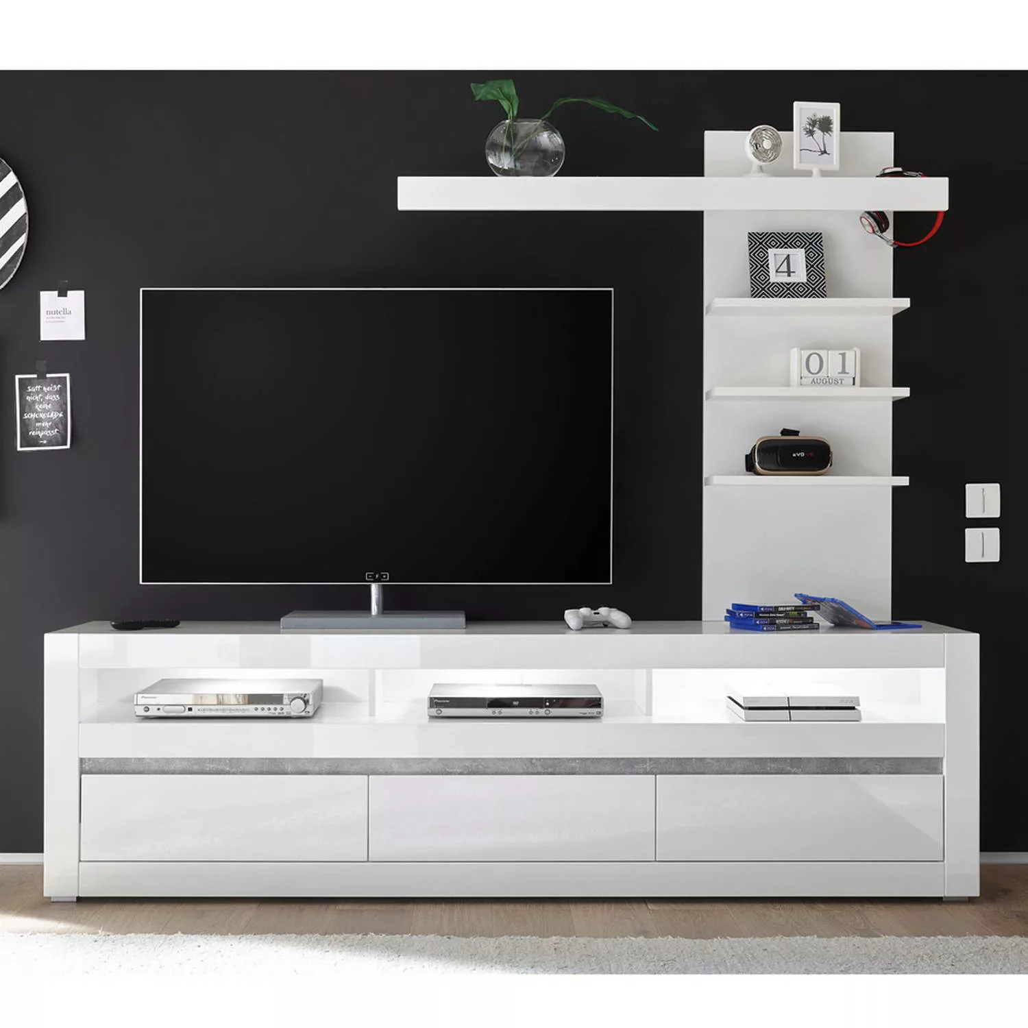 TV-Lowboard in weiß Hochglanz inkl. LED und mit Griffmulden mit Aufsatzrega günstig online kaufen