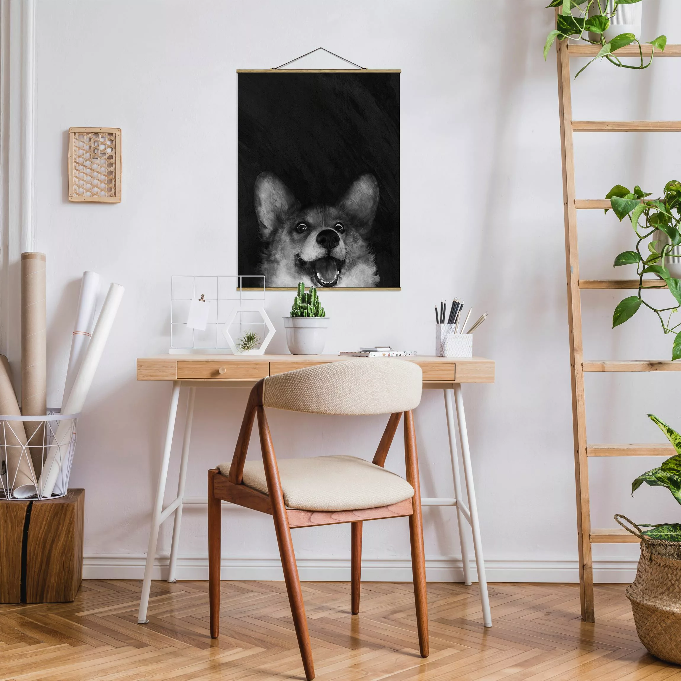 Stoffbild Tiere mit Posterleisten - Hochformat Illustration Hund Corgi Male günstig online kaufen