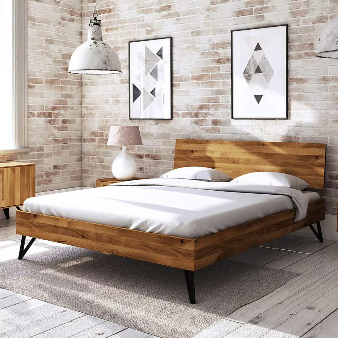 Doppelbett aus Wildeiche Massivholz und Stahl Loft Design günstig online kaufen
