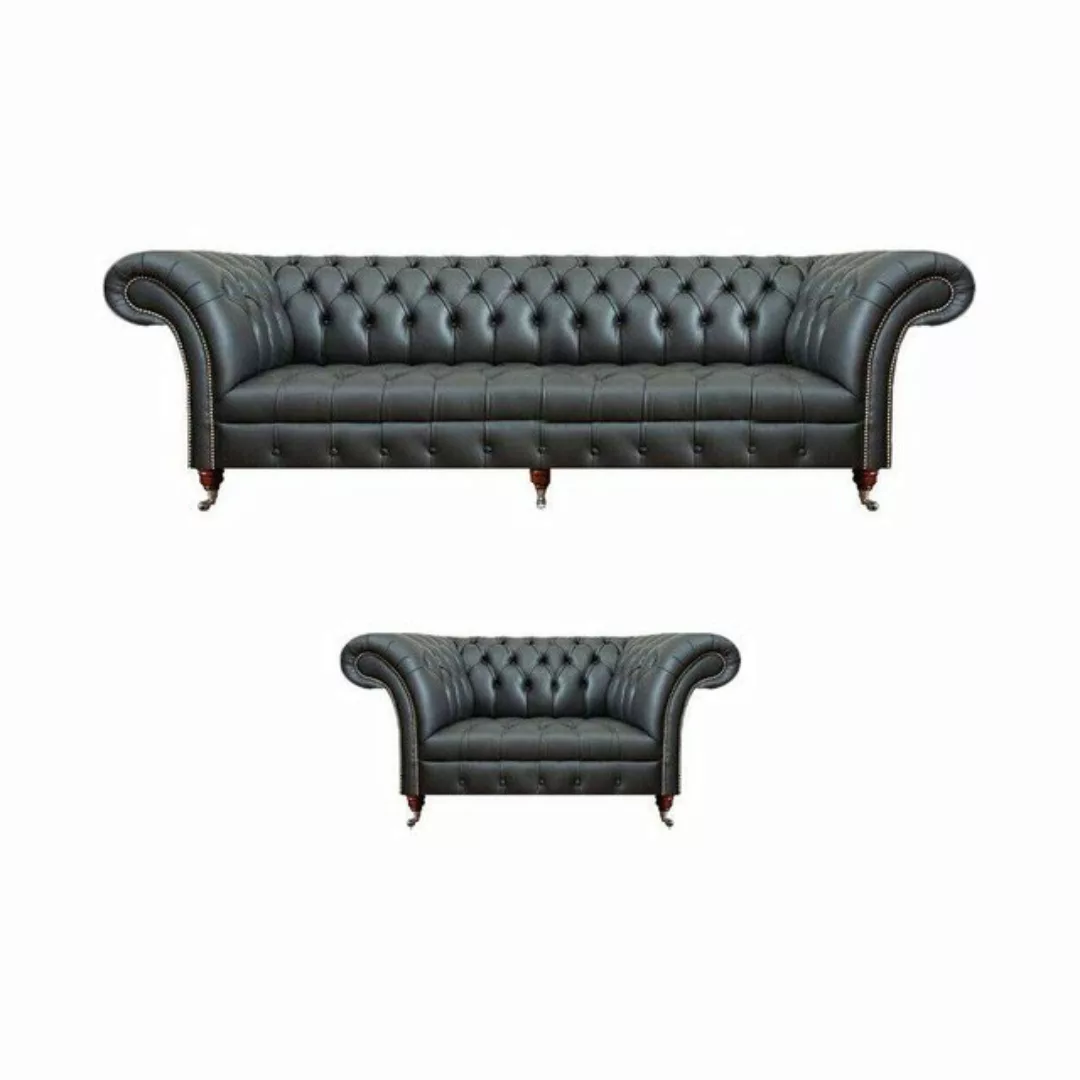 JVmoebel Chesterfield-Sofa Schwarz Leder Sofa Komplett Sessel Wohnzimmer 2t günstig online kaufen