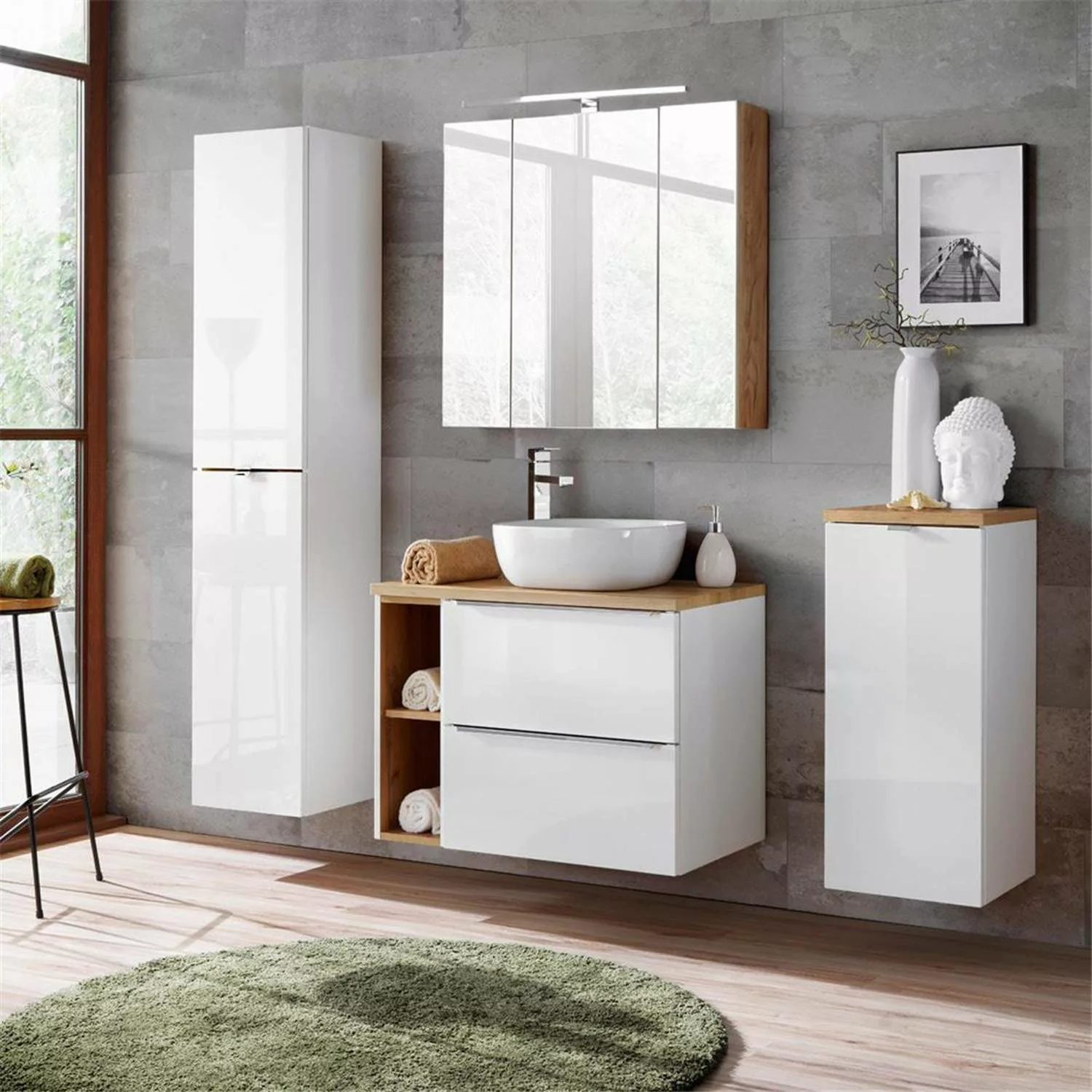 Badezimmermöbel Set mit LED-Spiegelschrank TOSKANA-56 weiß Hochglanz & Wota günstig online kaufen