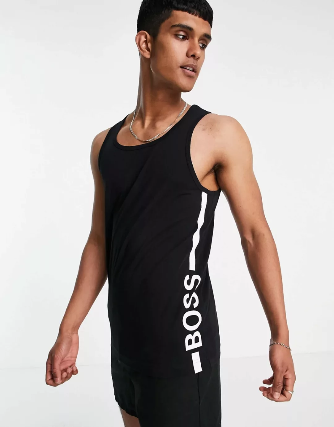 BOSS – Beachwear – Trägertop in Schwarz mit vertikalem Logo günstig online kaufen