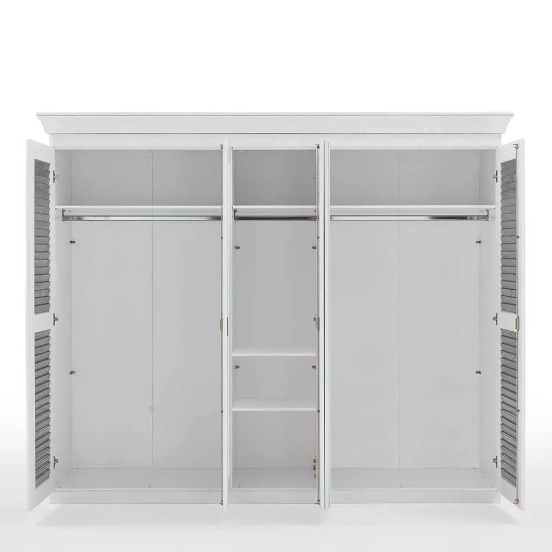 Landhaus Drehtürenschrank in Kiefer Grau und Weiß 253x210x64 cm günstig online kaufen