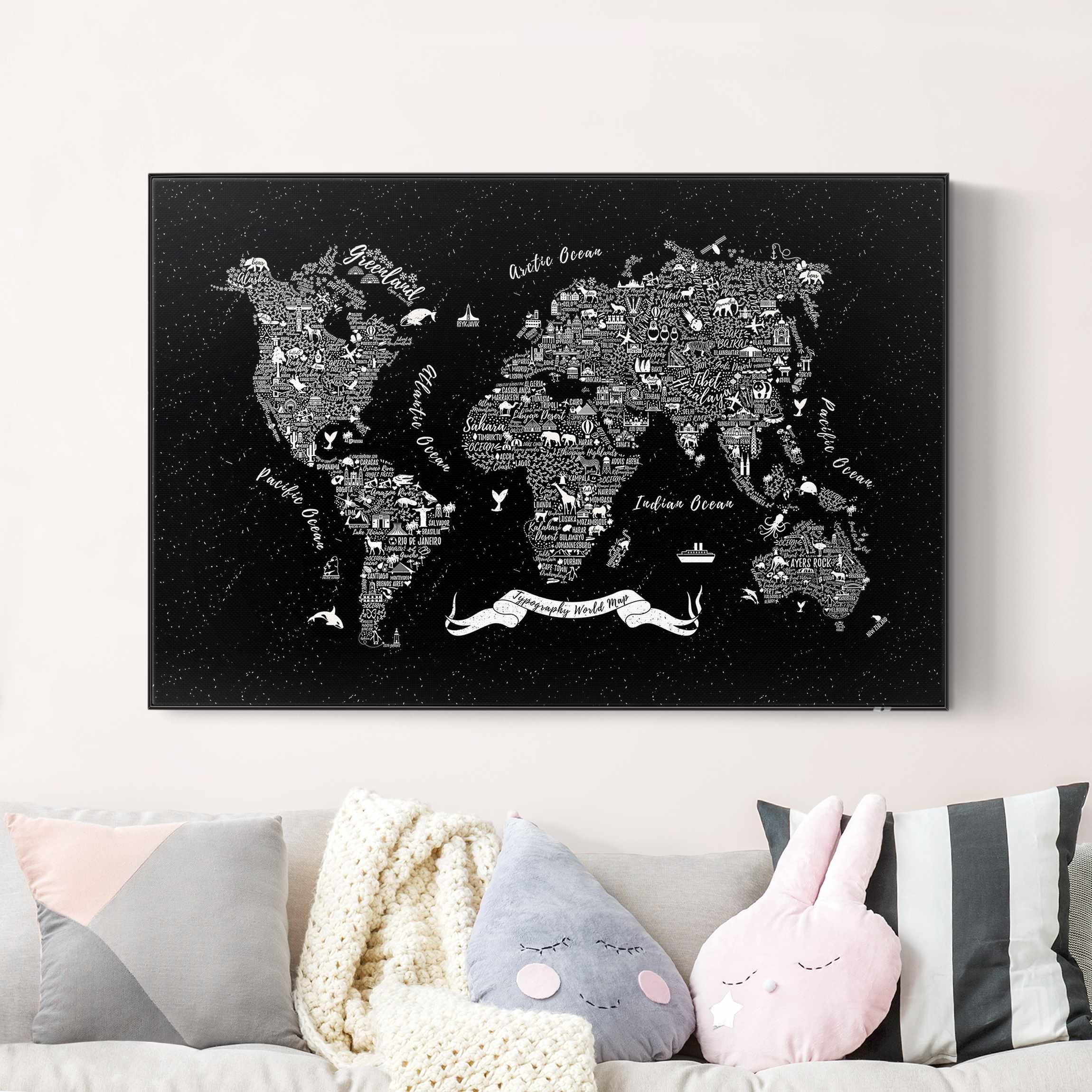 Akustik-Wechselbild mit Spannrahmen Typografie Weltkarte schwarz günstig online kaufen