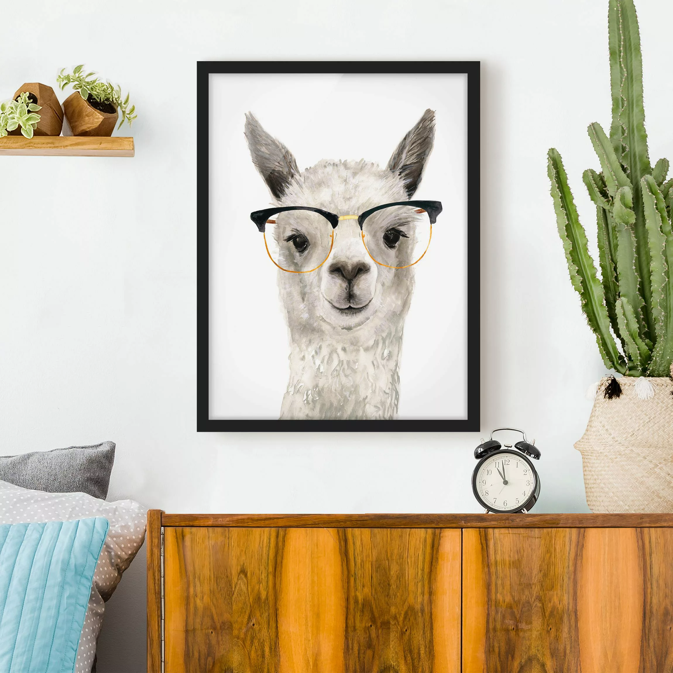 Bild mit Rahmen Kinderzimmer - Hochformat Hippes Lama mit Brille I günstig online kaufen