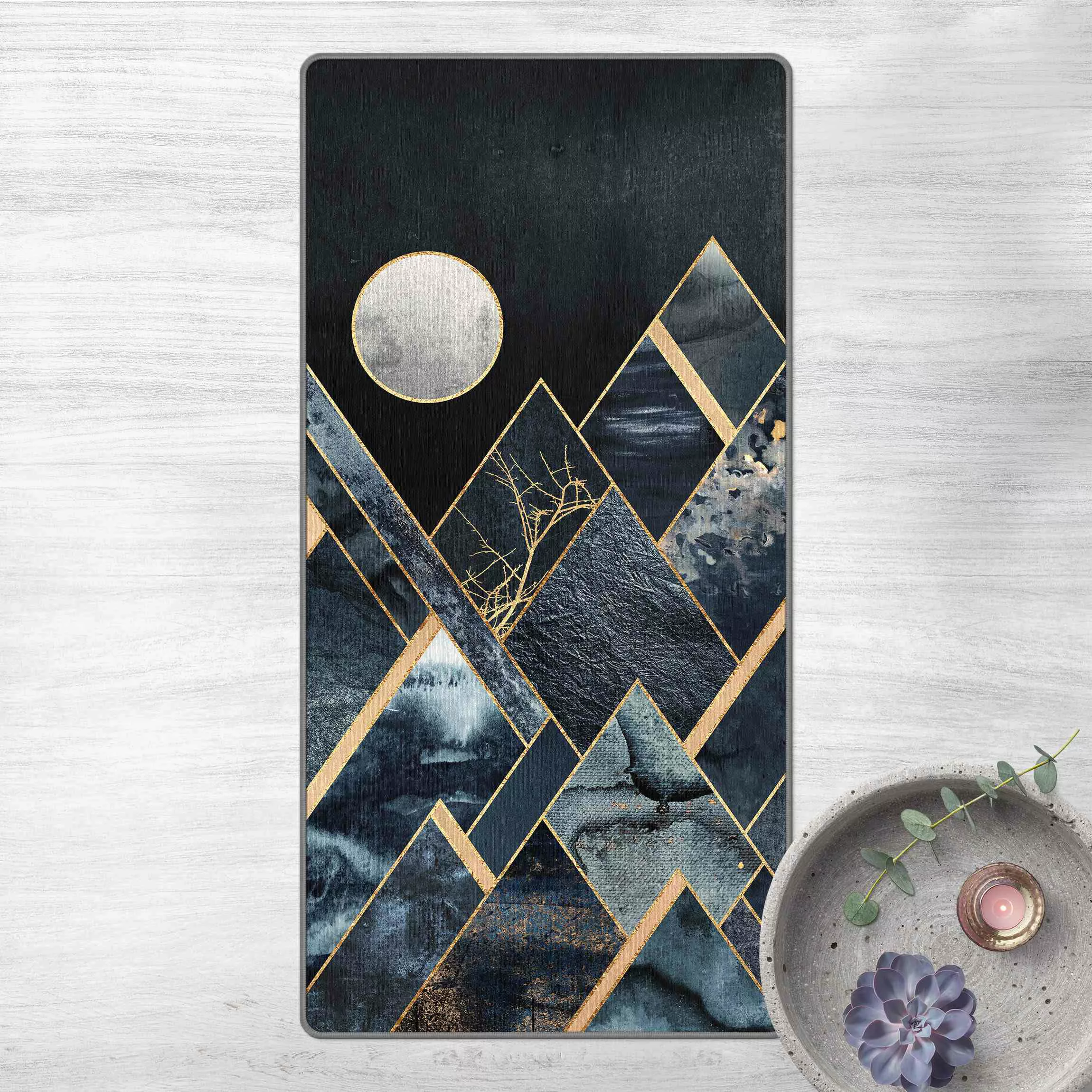 Teppich Goldener Mond abstrakte schwarze Berge günstig online kaufen