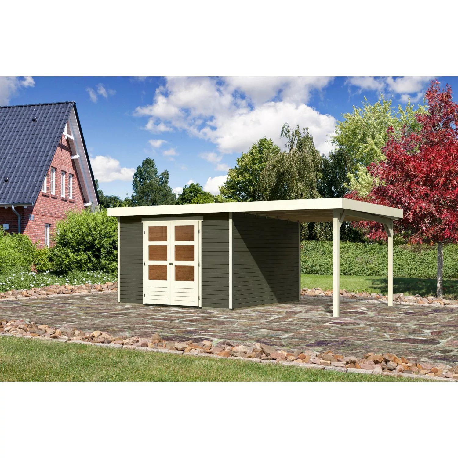 Karibu Holz-Gartenhaus/Gerätehaus Boras Terragrau Flachdach Lackiert 298 cm günstig online kaufen