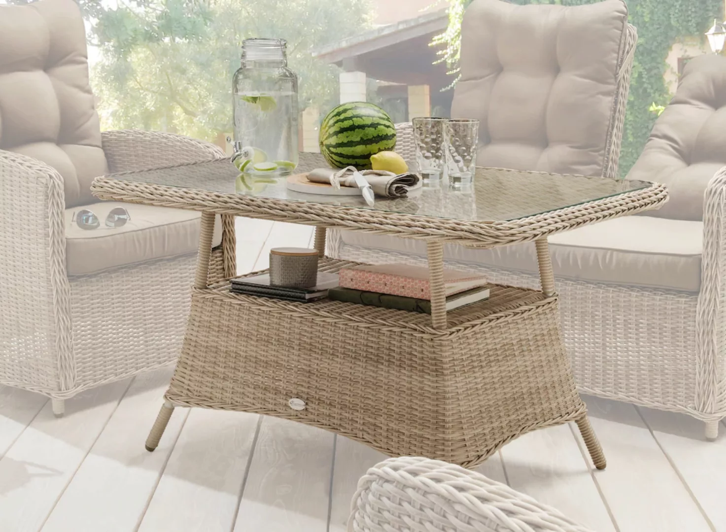 Destiny Gartentisch "MERANO", Polyrattan, 120x77x66cm, mit aufgelegter Glas günstig online kaufen