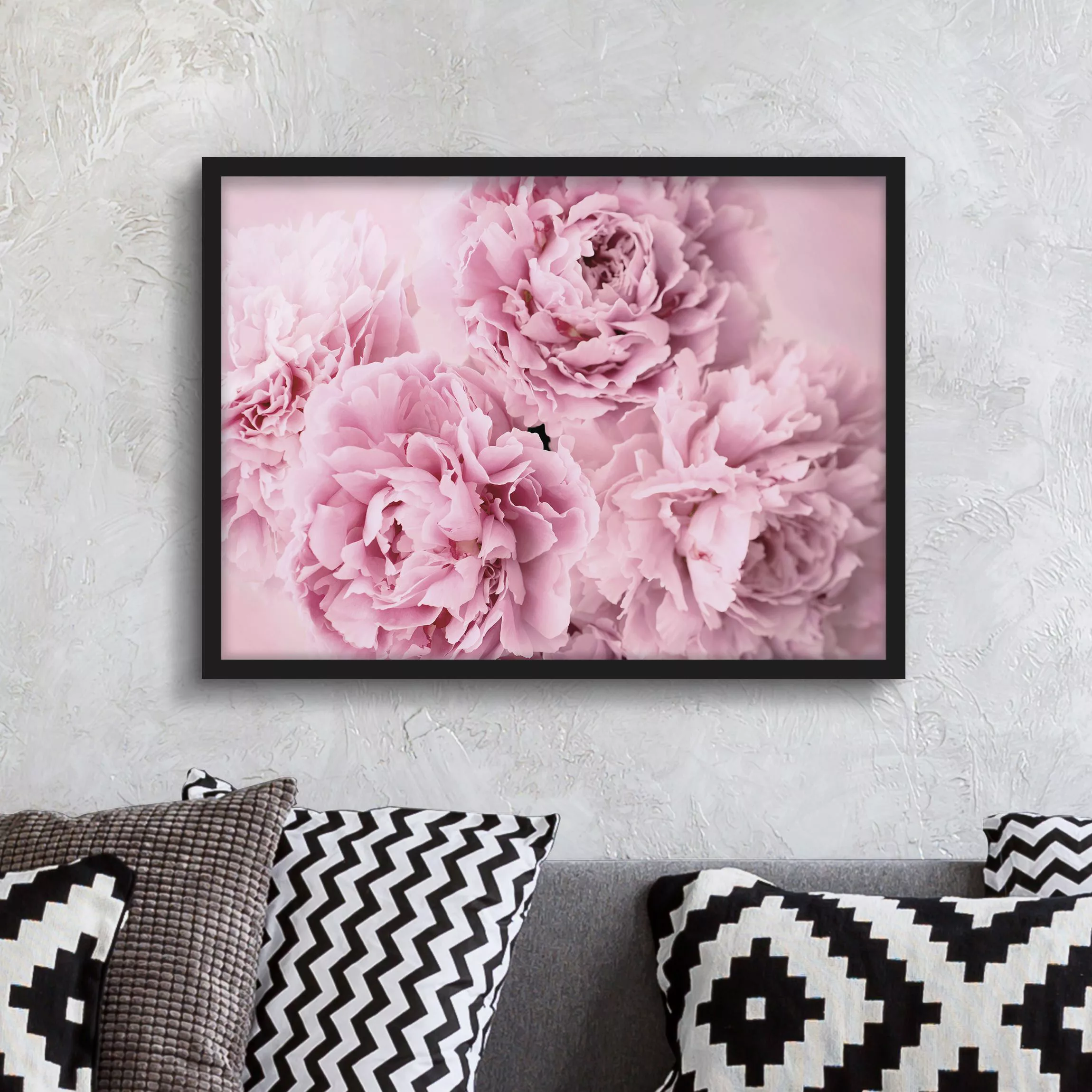 Bild mit Rahmen Blumen - Querformat Rosa Pfingstrosen günstig online kaufen