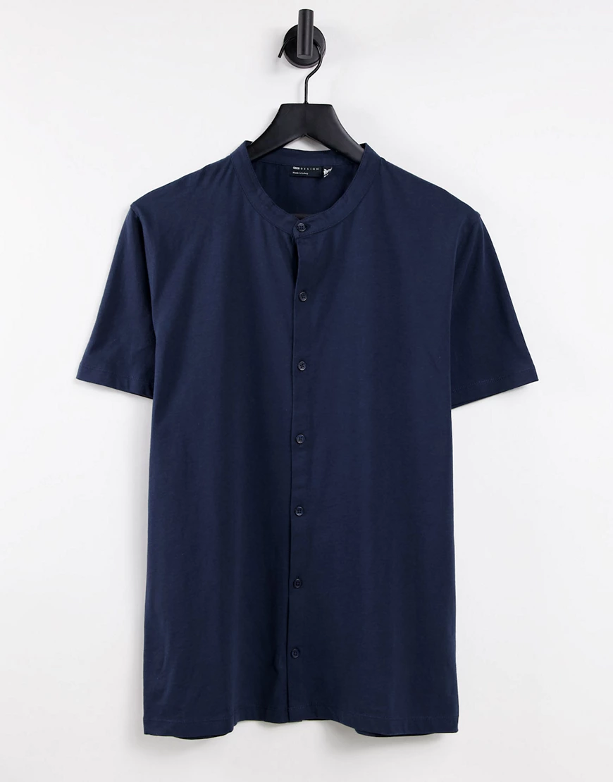 ASOS DESIGN – Hemd aus Jersey in Marineblau mit Grandad-Kragen günstig online kaufen