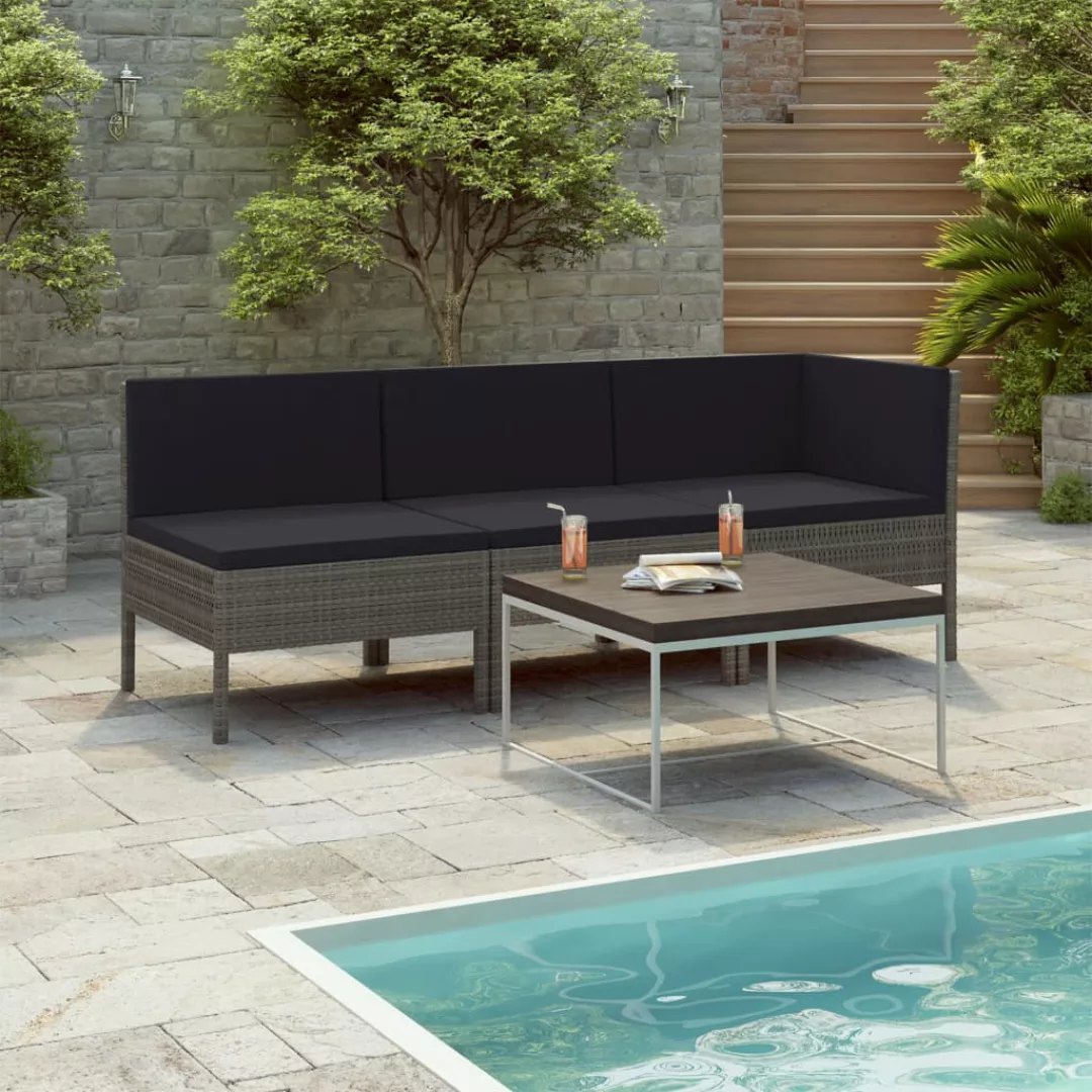 3-tlg. Garten-lounge-set Mit Auflagen Poly Rattan Grau günstig online kaufen