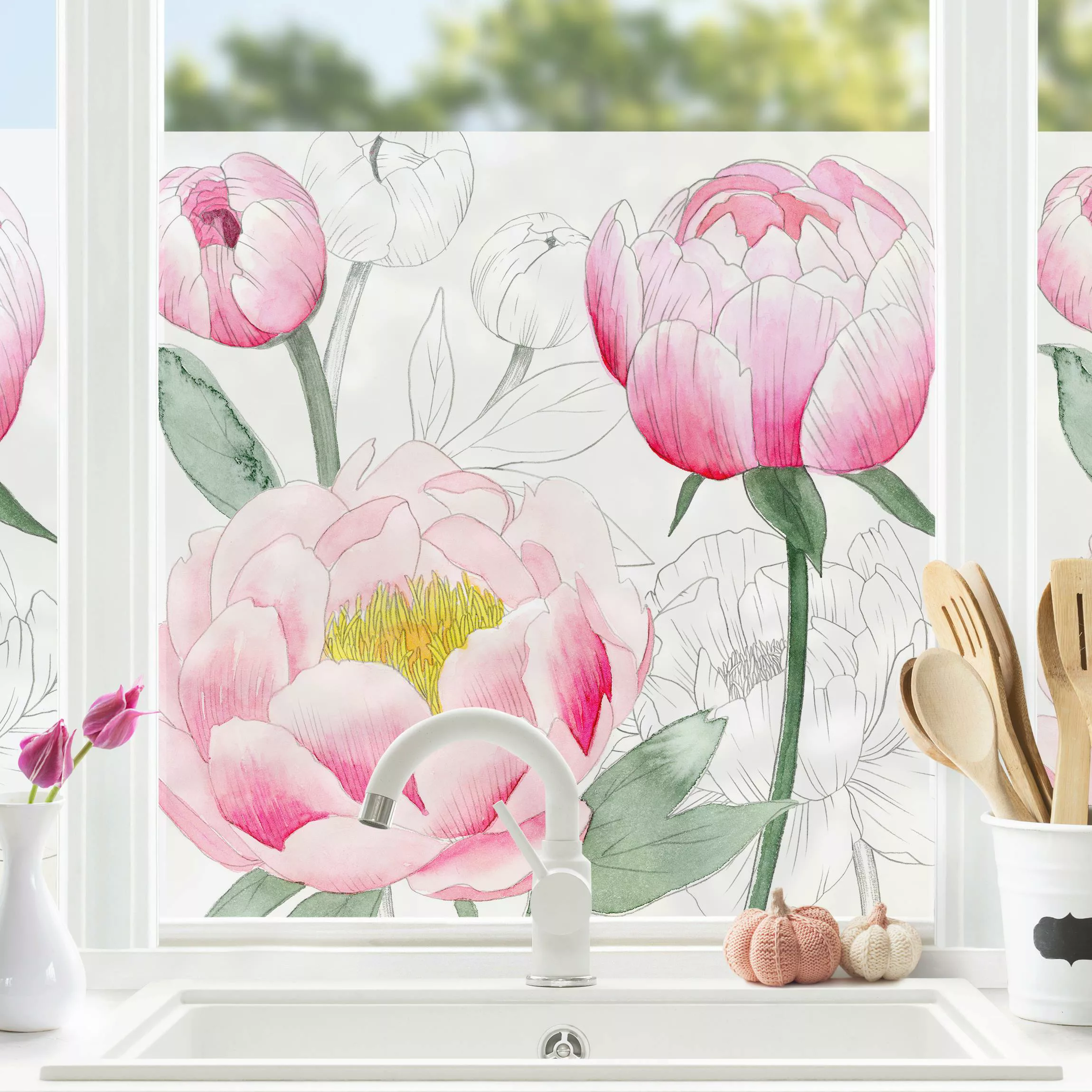 Fensterfolie Zeichnung Rosa Päonien II günstig online kaufen