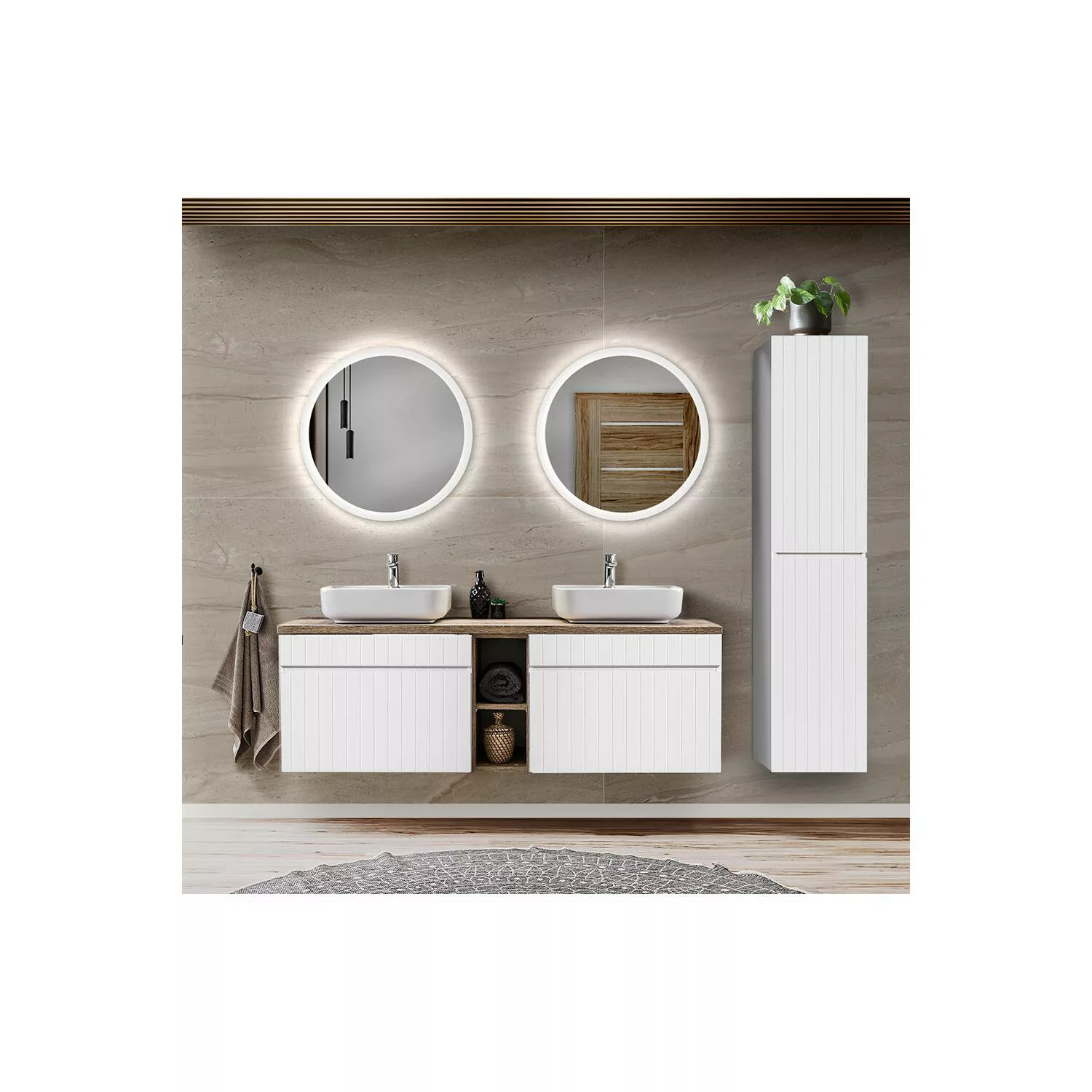 Badmöbel Set in weiß matt mit Vintage Eiche Nb. IRAKLIO-56 Waschtisch mit 2 günstig online kaufen