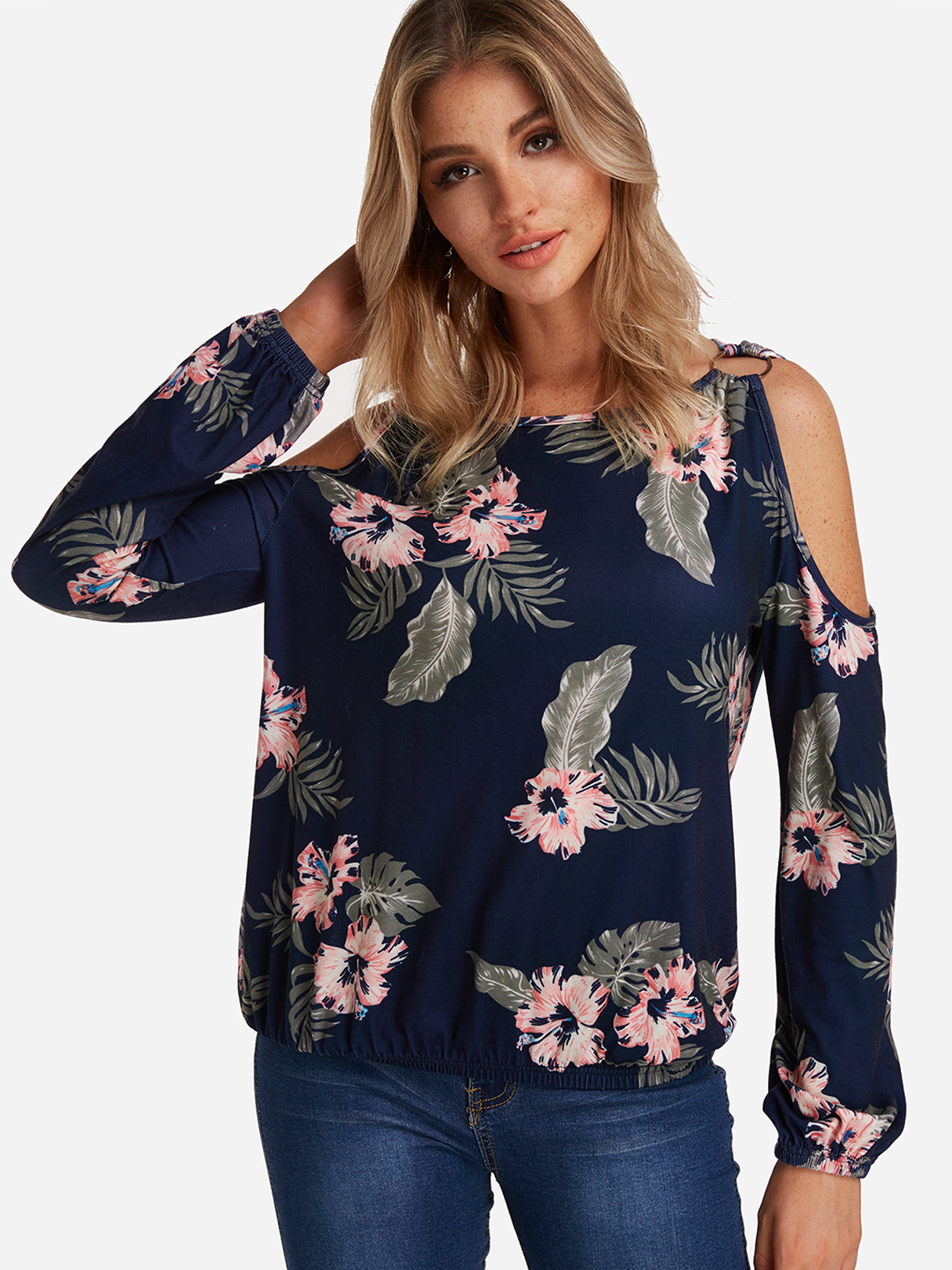 Marineblaues T-Shirt mit Blumendruck und langen Ärmeln mit kalten Schultern günstig online kaufen