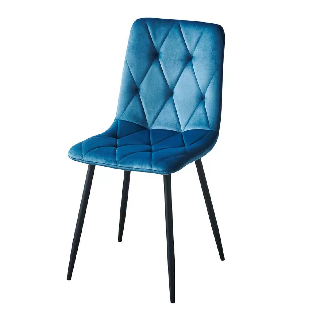 Blaue Samt Stühle mit aufwendigen Steppungen Gestell aus Metall (4er Set) günstig online kaufen