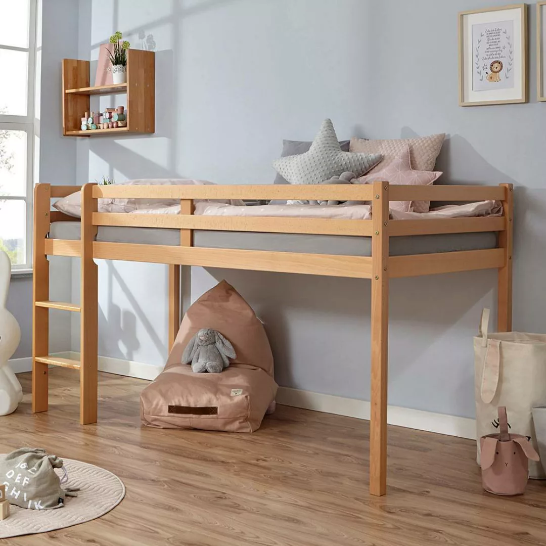 Kinderhochbett aus Buche Massivholz 110 cm hoch günstig online kaufen