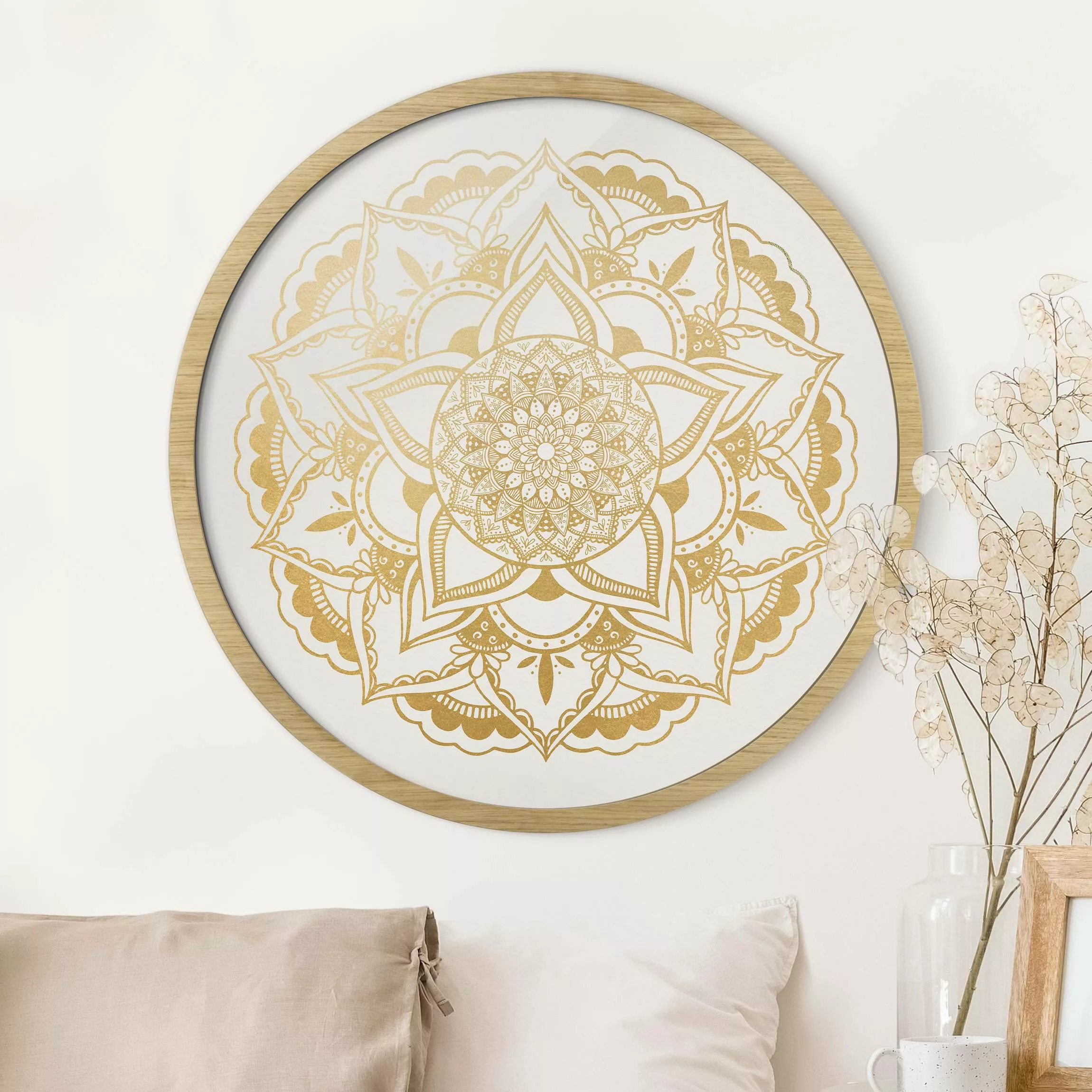 Rundes Gerahmtes Bild Mandala Blume gold weiß günstig online kaufen