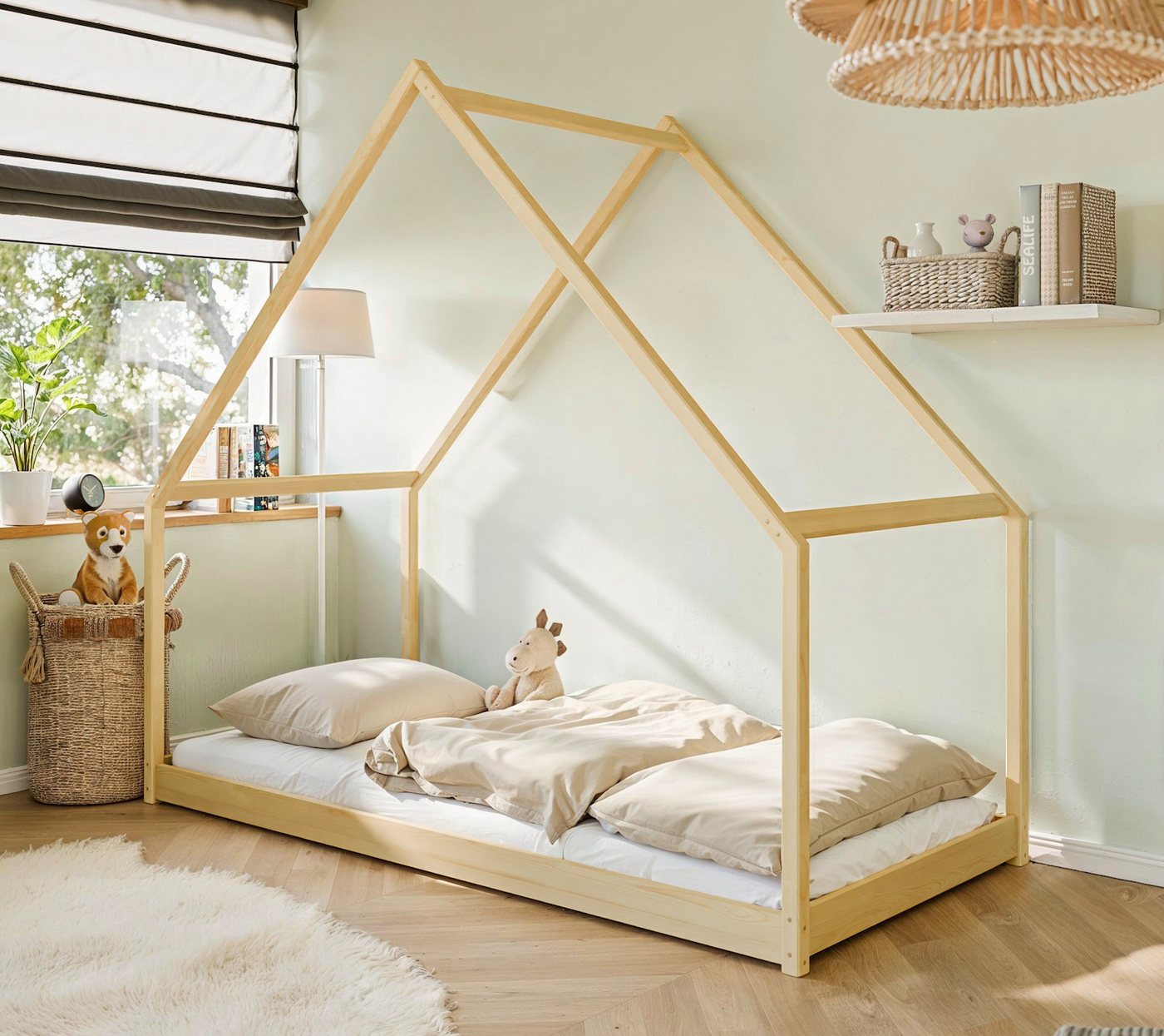 thematys Hausbett Kinderbett in Weiß oder Natur, Montessori, Bodenbett Mädc günstig online kaufen
