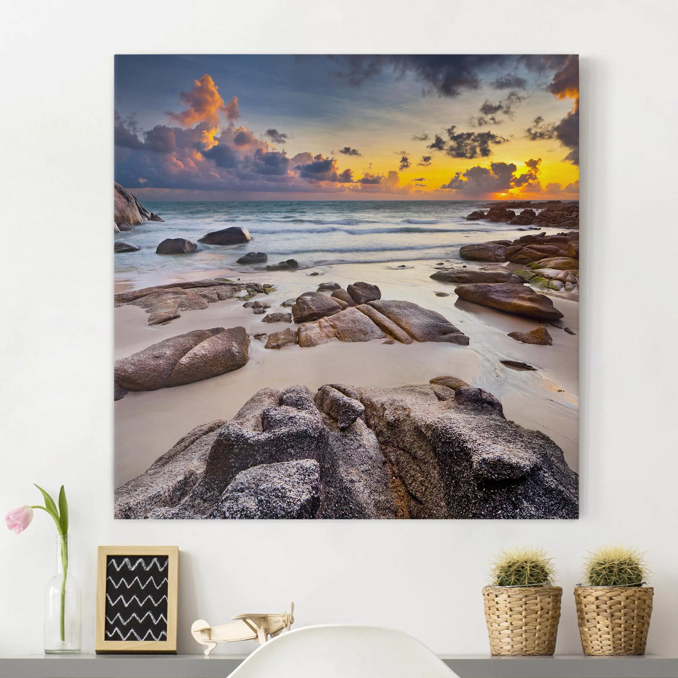 Leinwandbild Strand - Quadrat Strand Sonnenaufgang in Thailand günstig online kaufen