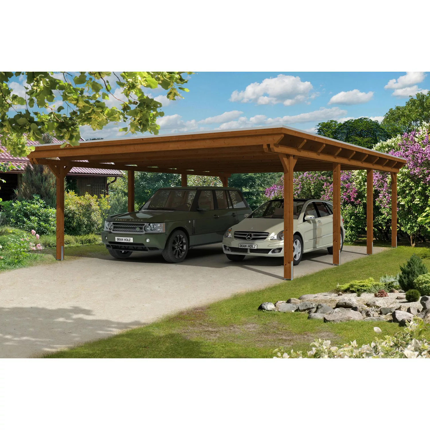 Skan Holz Carport Emsland 613 cm x 846 cm Aluminium Dachplatten Nussbaum günstig online kaufen