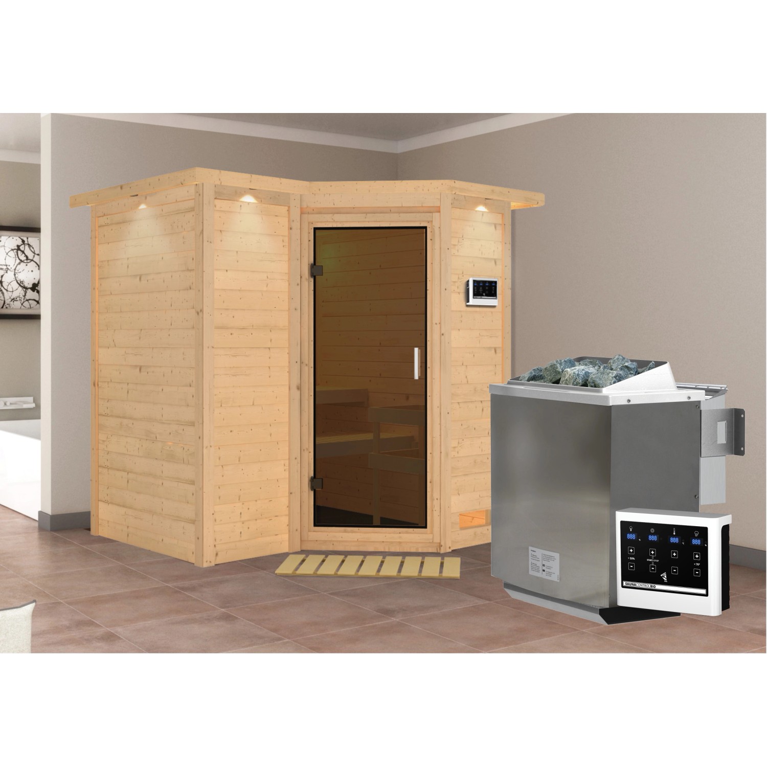 Woodfeeling Sauna Steena 1 inkl. Bio-Ofen 9 kW ext. Steuerung, Dachkranz, T günstig online kaufen
