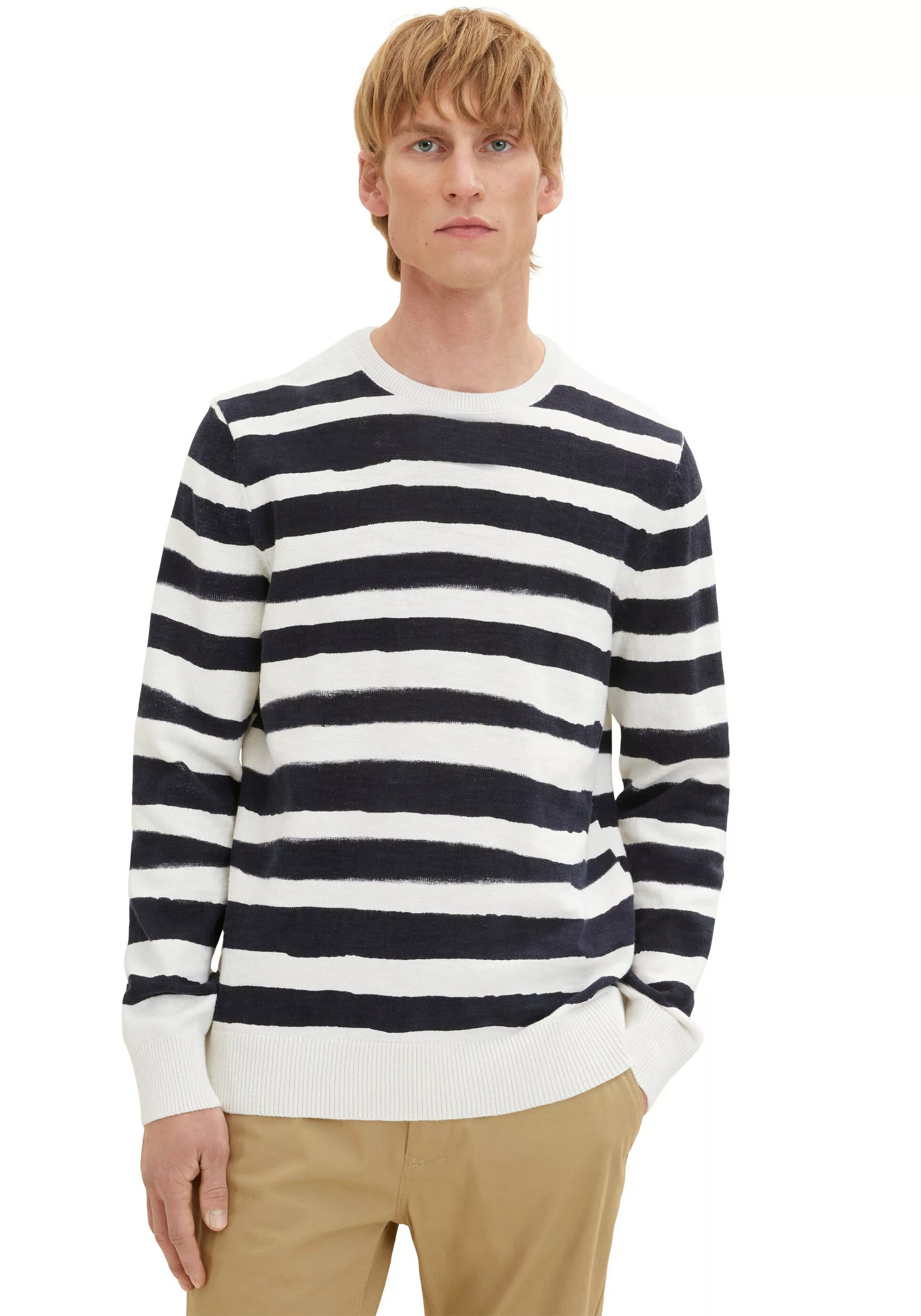 Tom Tailor Herren Rundhals Pullover PRINTED STRIPE KNITTER - Regular Fit günstig online kaufen