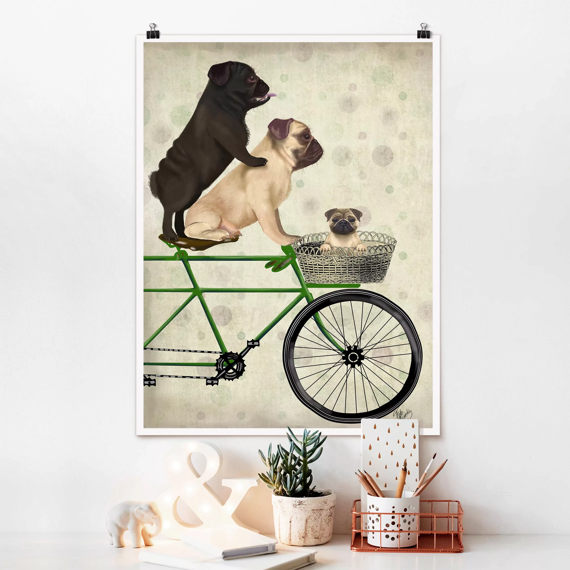 Poster Kinderzimmer - Hochformat Radtour - Möpse auf Fahrrad günstig online kaufen