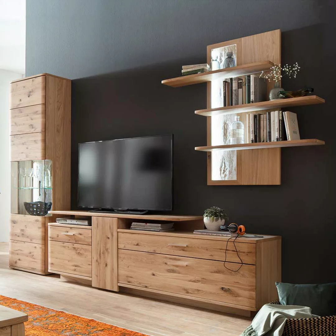 TV Wohnwand aus Eiche Bianco geölt 320 cm breit (dreiteilig) günstig online kaufen