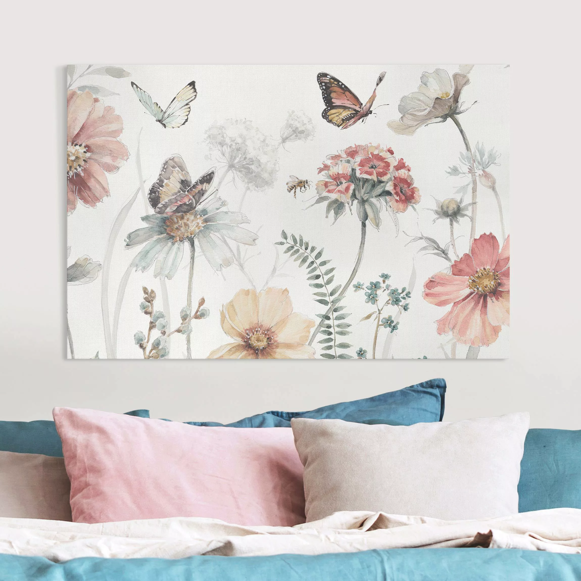 Leinwandbild Aquarell Blumenwiese mit Schmetterlingen günstig online kaufen