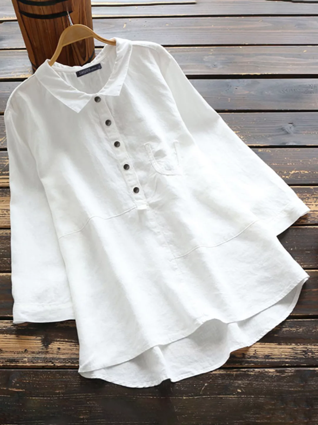 Lässige einfarbige Hemd Revers Kragen Langarm Baumwolle Bluse günstig online kaufen