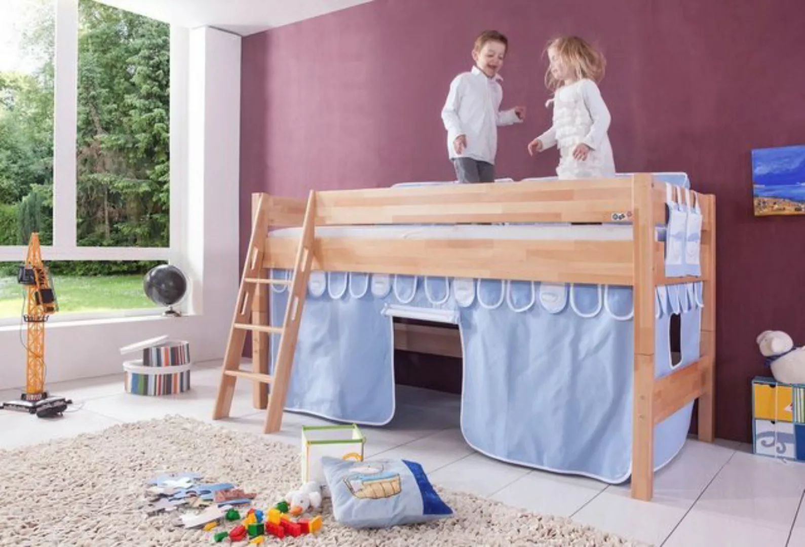 Natur24 Kinderbett Halbhohes Einzelbett Kim Buche lackiert 90x200cm Einzelb günstig online kaufen