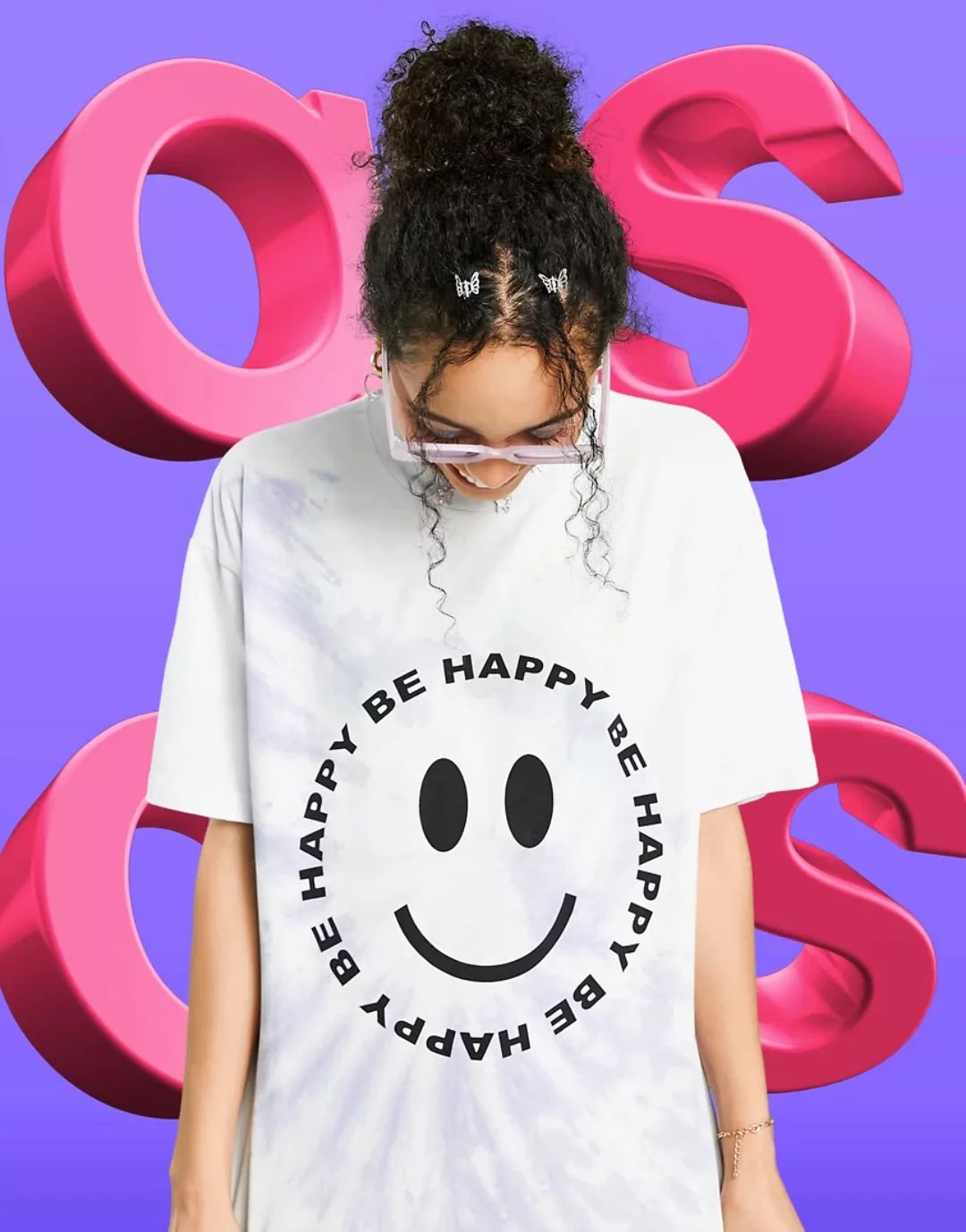 ASOS DESIGN – Oversize-T-Shirt mit spiralförmigem Batikmuster und „Be Happy günstig online kaufen