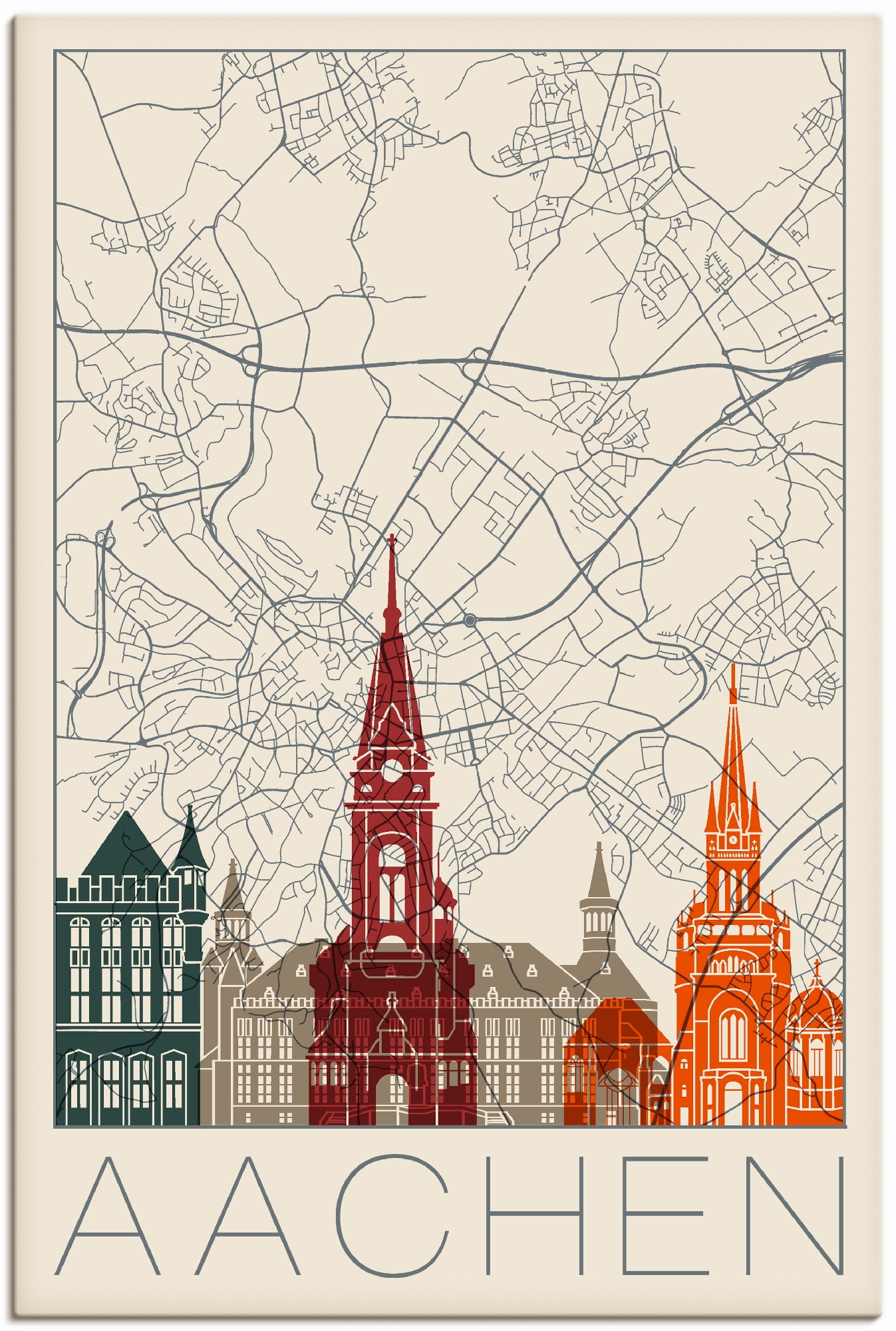 Artland Leinwandbild "Retro Karte Aachen", Deutschland, (1 St.), auf Keilra günstig online kaufen