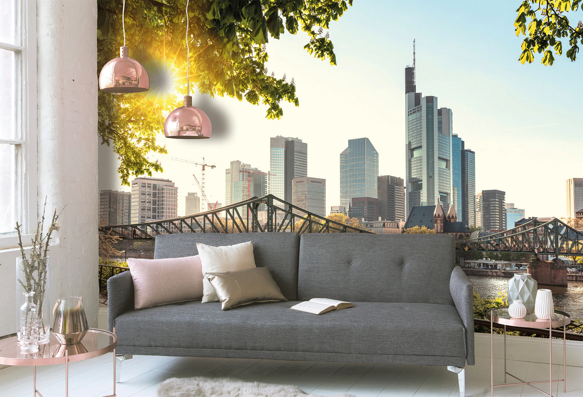 Fototapete Frankfurt Skyline Brücke Blau Braun Graun 3,50 m x 2,55 m FSC® günstig online kaufen