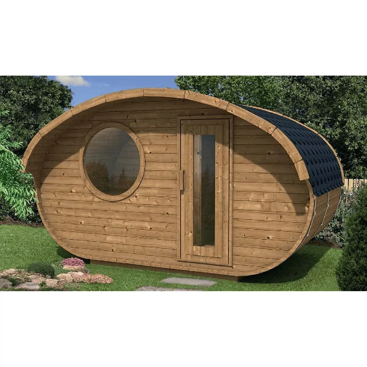 Finntherm Mini-Sauna Tiny Hobbit Thermoholz Braun 405 cm x 195 cm Bausatz günstig online kaufen