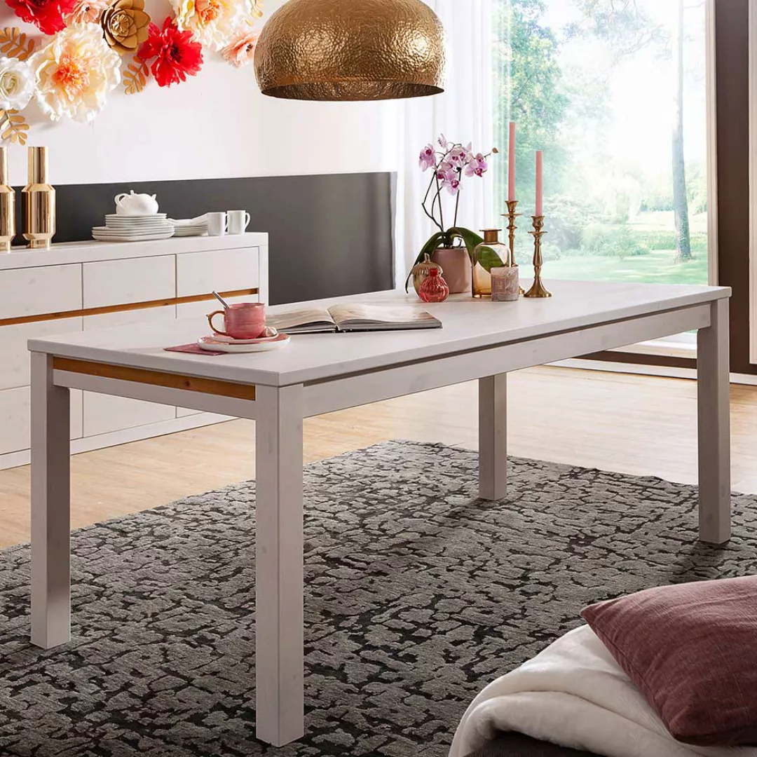 Tisch in Weiß und Eichefarben Kiefer Massivholz günstig online kaufen