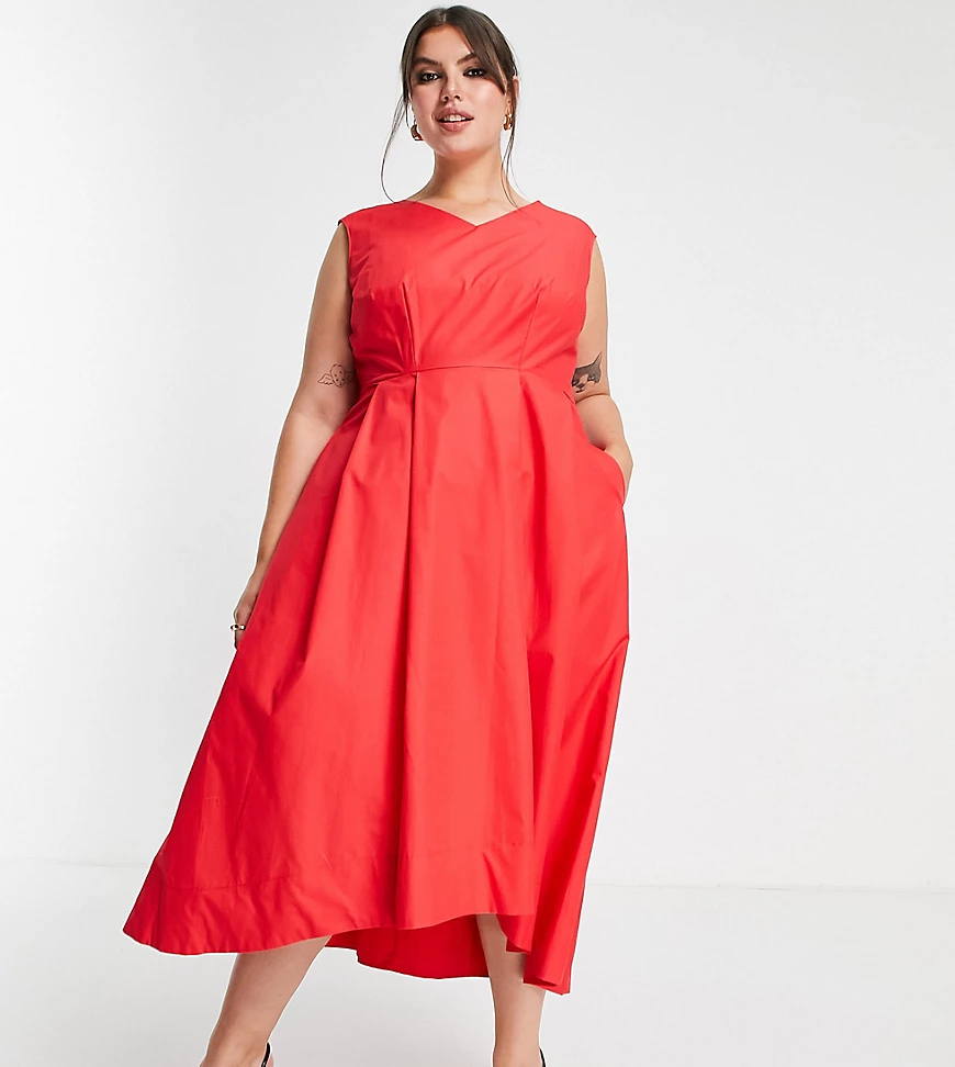 Closet London Plus – Wadenlanges Kleid in Rot mit nach hinten abfallendem S günstig online kaufen