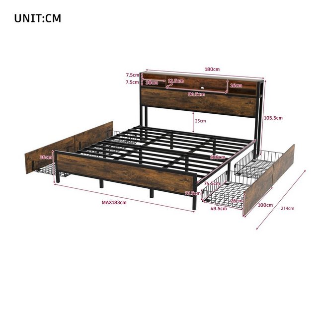 Ulife Metallbett Jugendbett Doppelbett mit Lattenrost und Kopfteil, LED-Bet günstig online kaufen