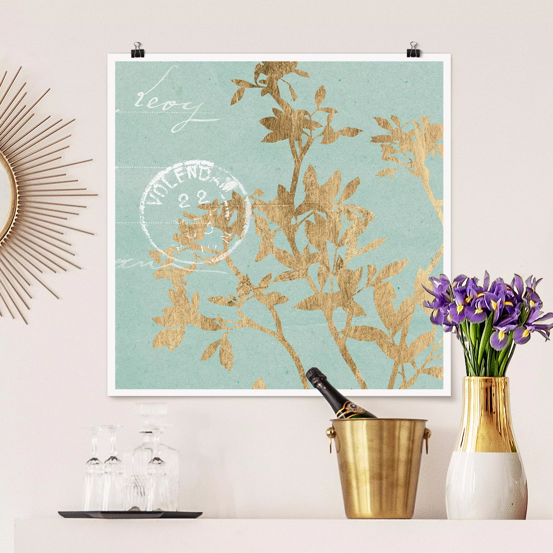 Poster Spruch - Quadrat Goldene Blätter auf Turquoise II günstig online kaufen