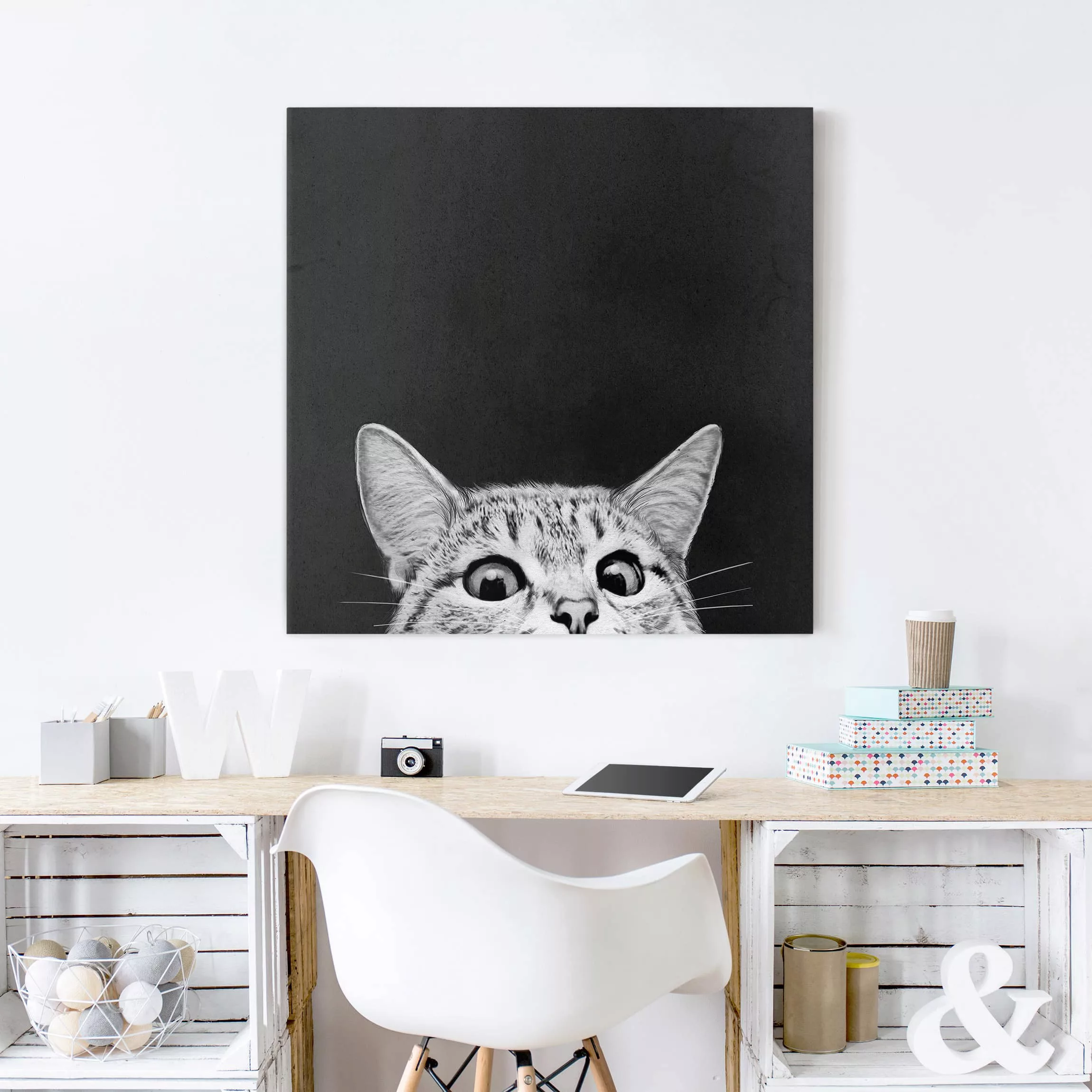 Leinwandbild Tiere - Quadrat Illustration Katze Schwarz Weiß Zeichnung günstig online kaufen