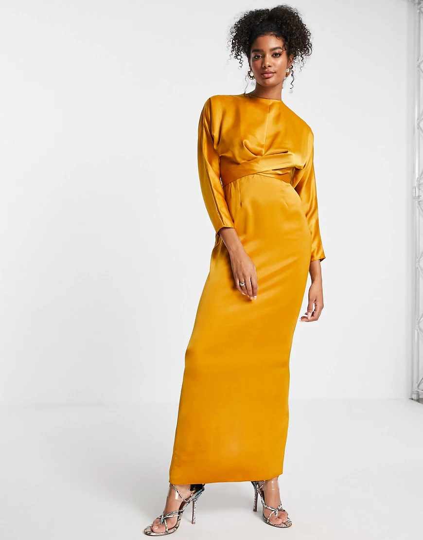 ASOS DESIGN – Satin-Maxikleid mit Fledermausärmeln und Wickeldesign an der günstig online kaufen