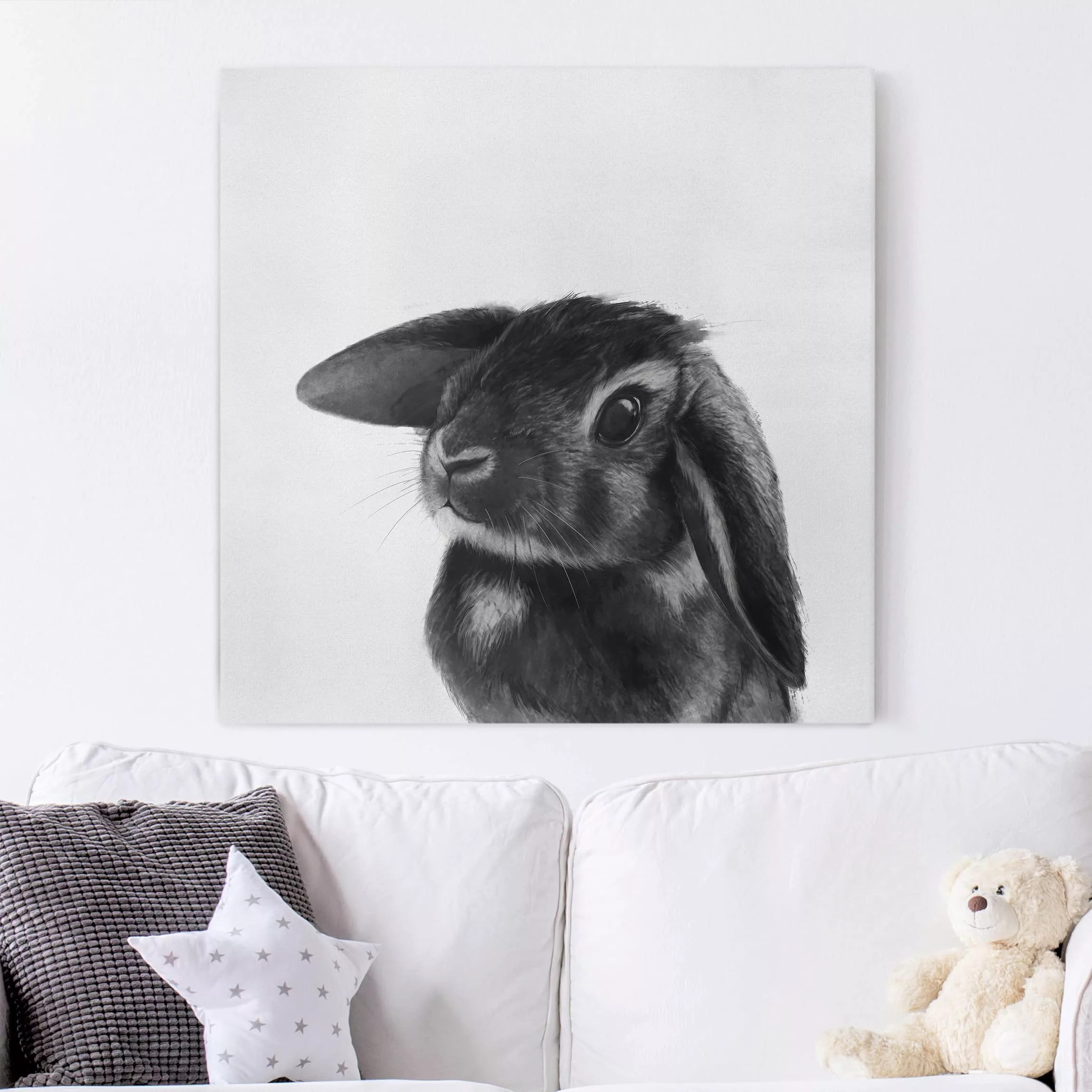 Leinwandbild Tiere - Quadrat Illustration Hase Schwarz Weiß Zeichnung günstig online kaufen