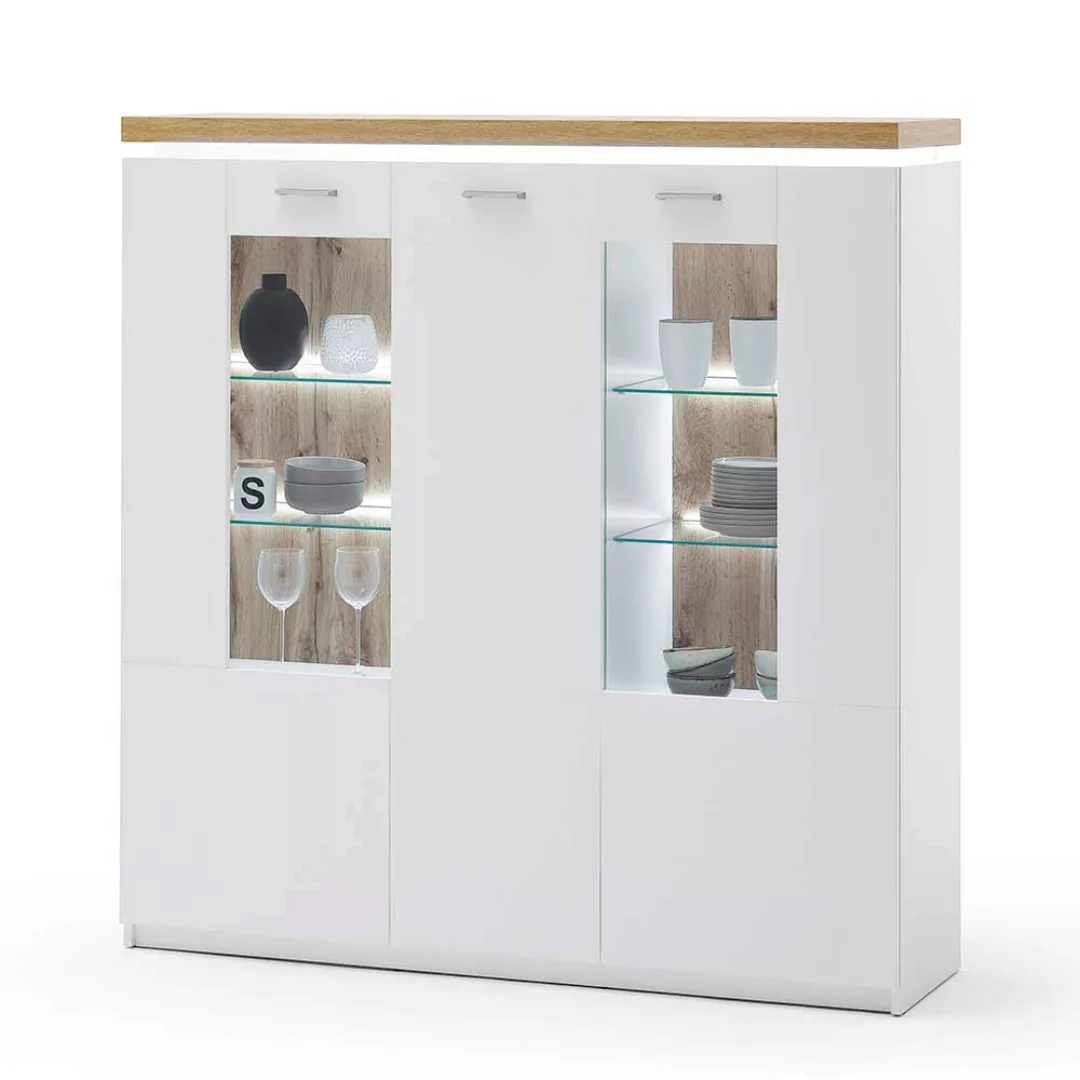 Highboard Vitrine in Weiß und Wildeiche Optik LED Beleuchtung günstig online kaufen