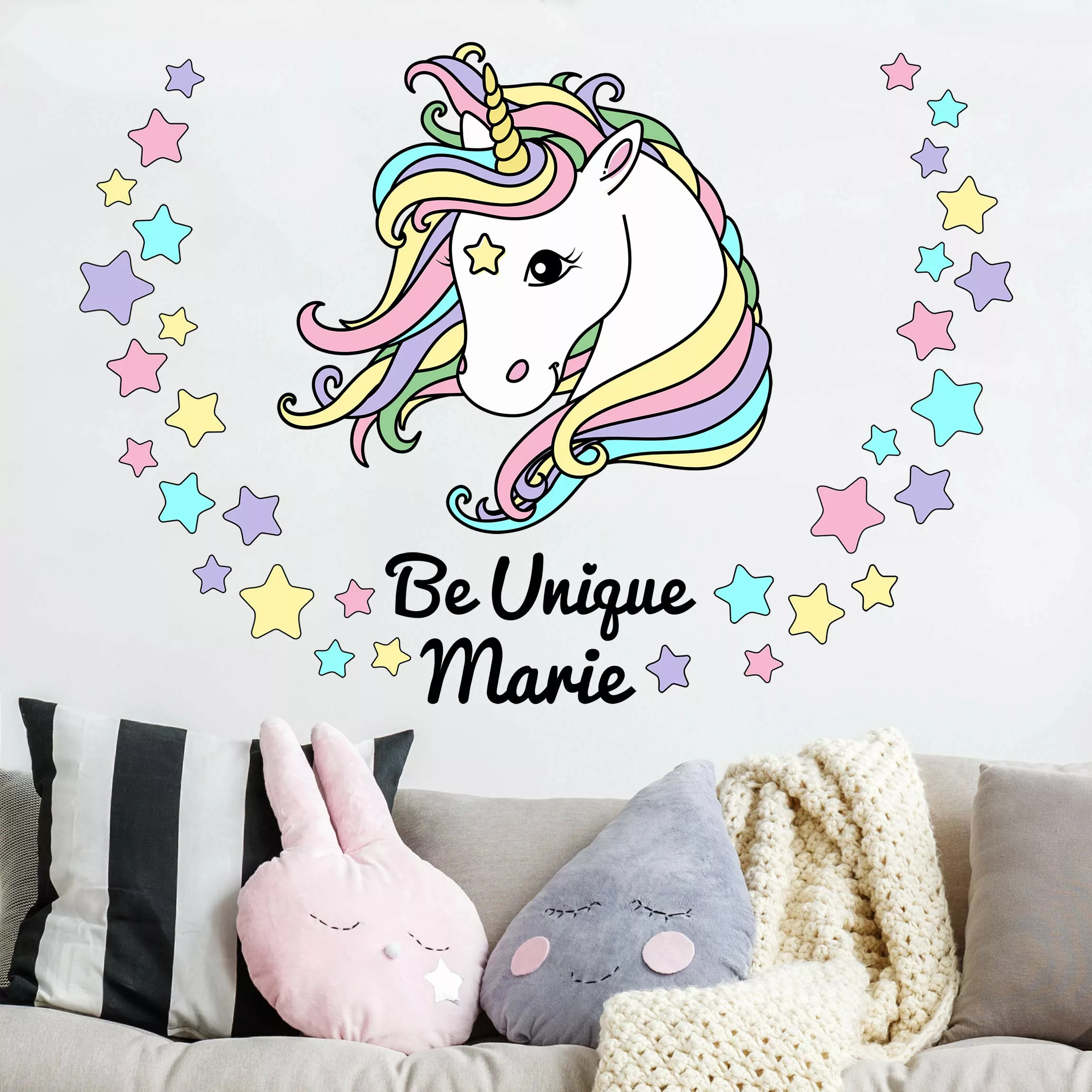 Wandtattoo Kinderzimmer Einhorn Illustration Pastell Sterne günstig online kaufen