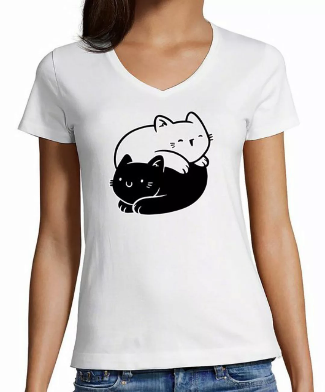 MyDesign24 T-Shirt Damen Katzen Print Shirt bedruckt - Yin Yang Katze Baumw günstig online kaufen